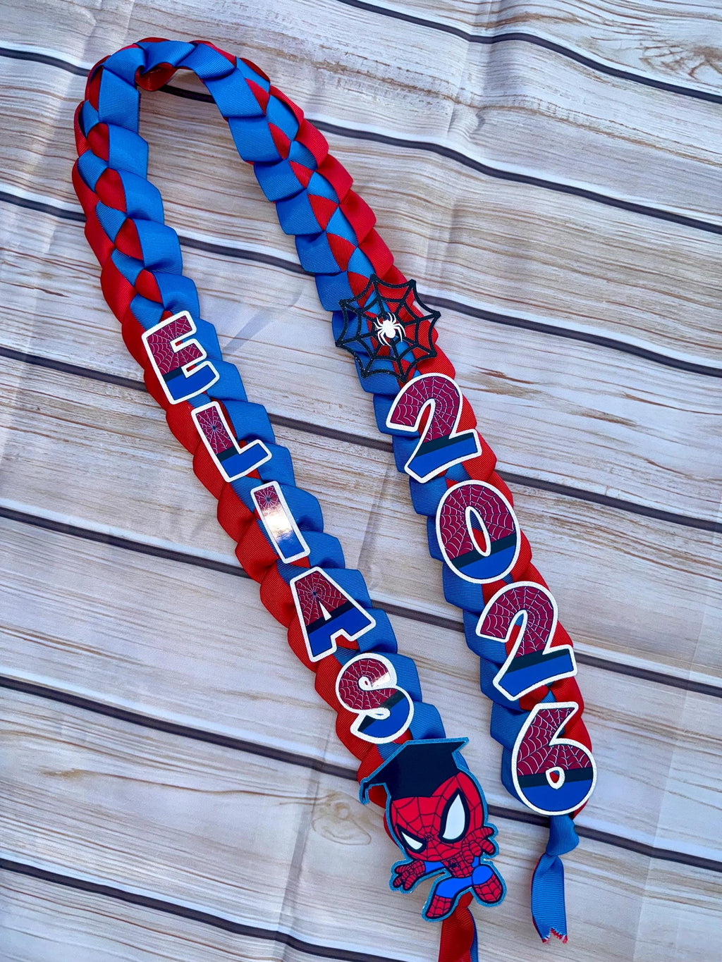 Handmade Spider Graduation Lei: Red & Blue Ribbon, Class of 2026