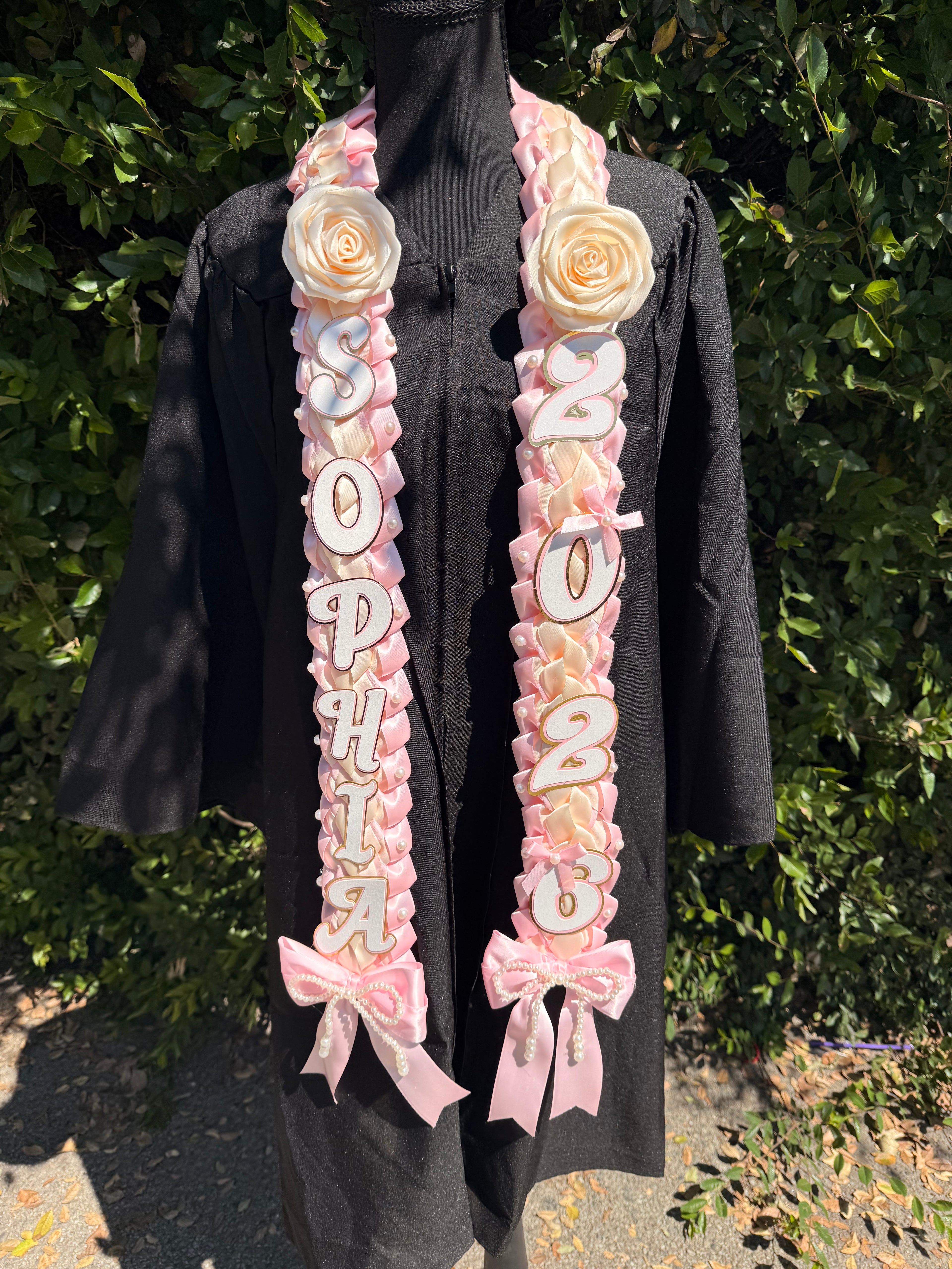 Coquette Graduation Ribbon Lei with flower and pearl Accents, Class of 2026, Double braided lei