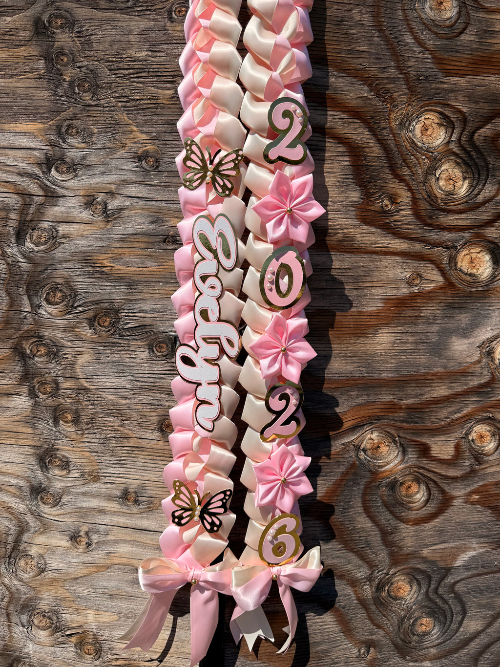 Graduation Ribbon Lei 2026 Pink Satin Braid Lei Personalized Name Graduation Lei Butterfly Grad Lei High School or College gift