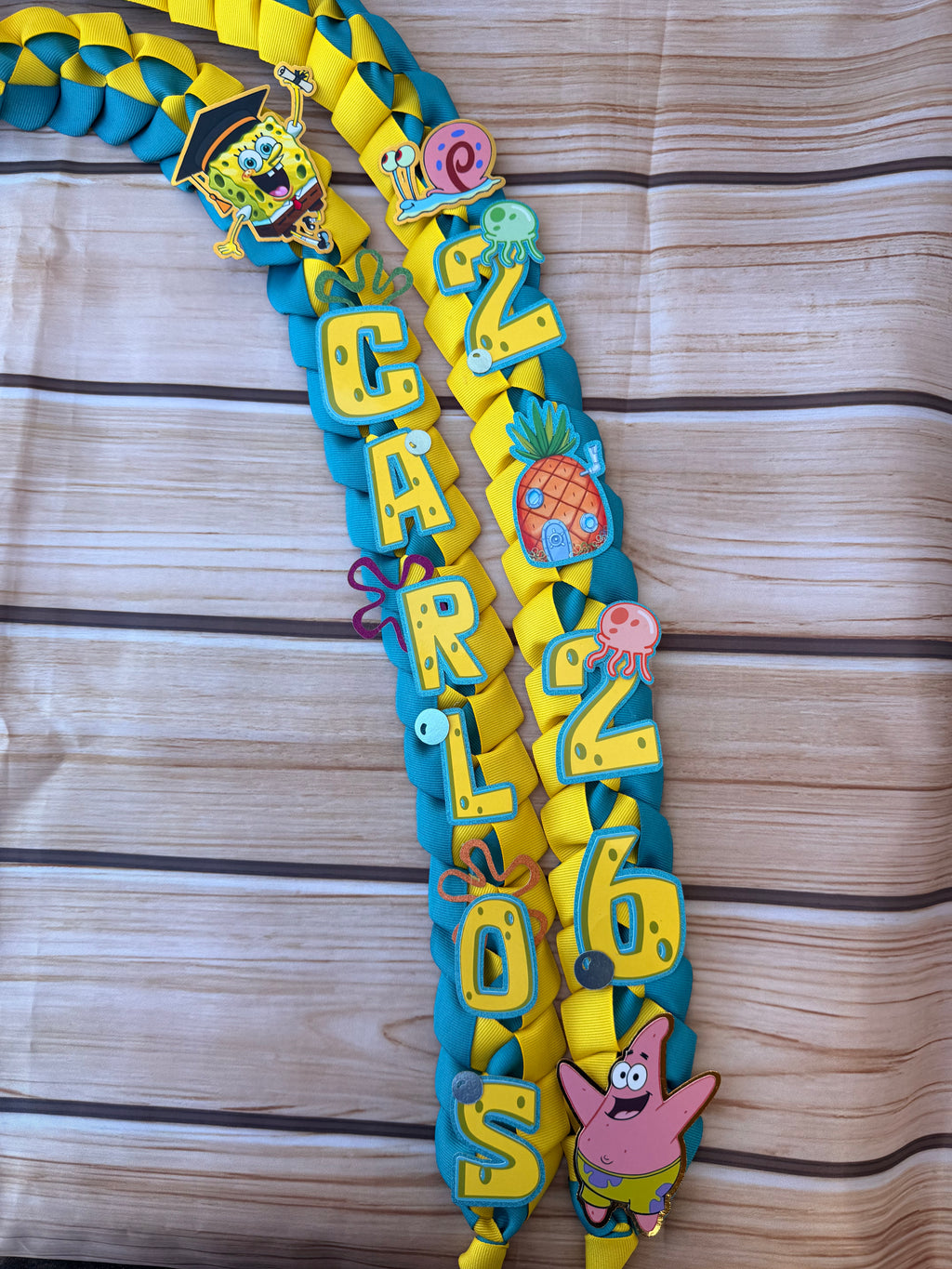 Handmade Sponge bob Graduation Lei: Yellow & Blue Ribbon, Class of 2026