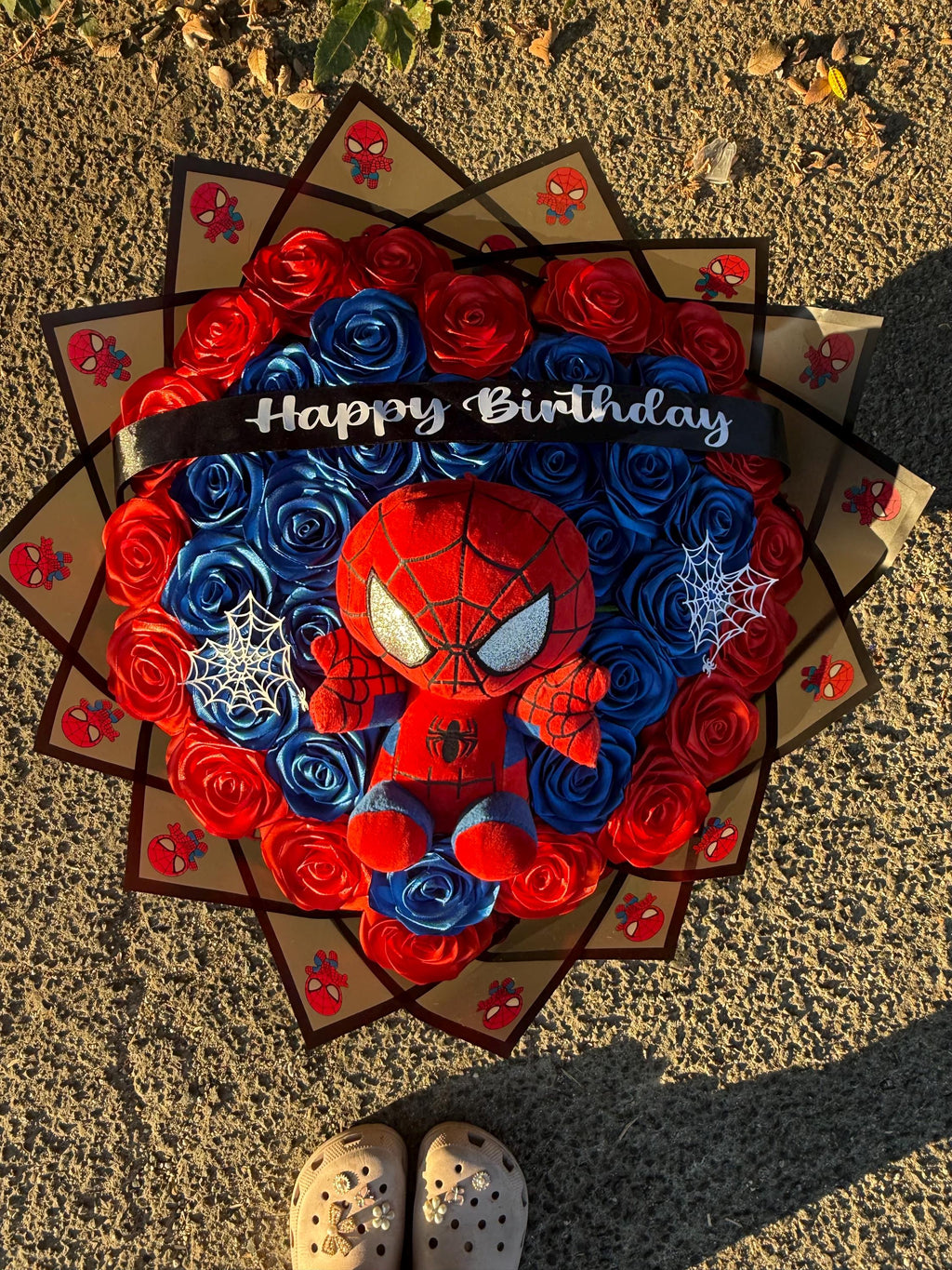 Handmade Satin Ribbon Rose Bouquet with Spider-Man Plushie