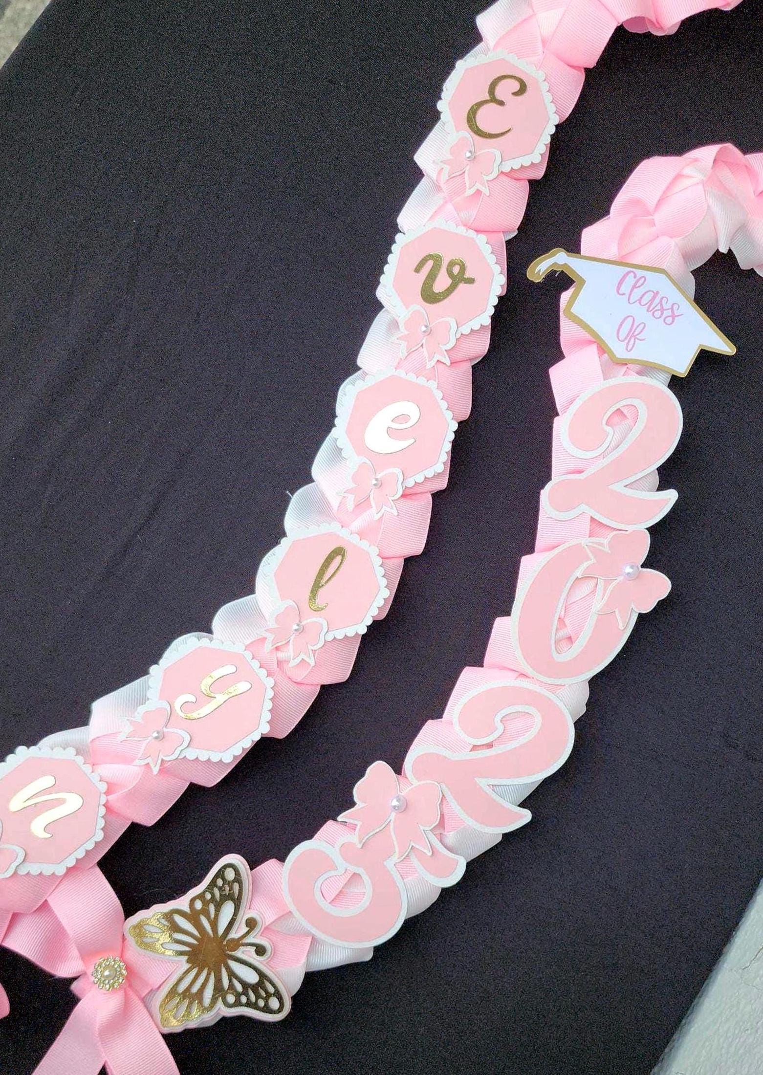 Coquette Graduation Ribbon Lei with Pink Bows and Butterfly Embellishments, Class of 2026 gift