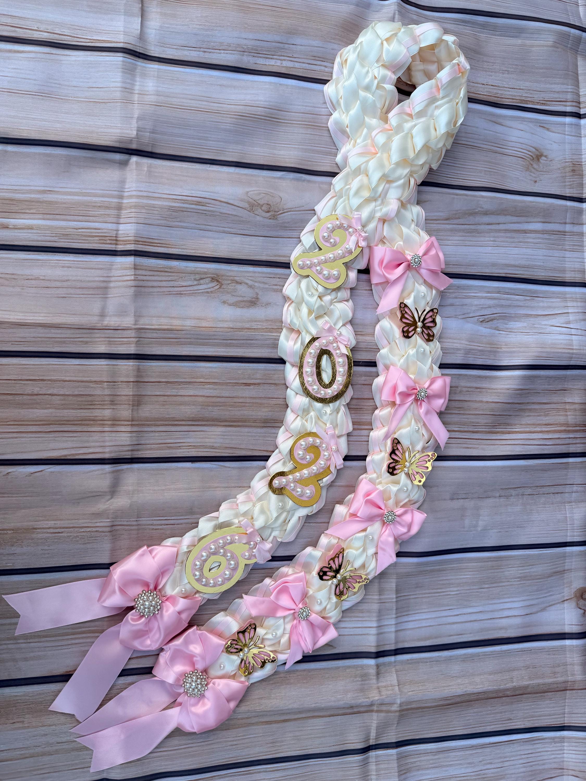Coquette Graduation Ribbon Lei withPearl Accents, Class of 2026, Double braided lei