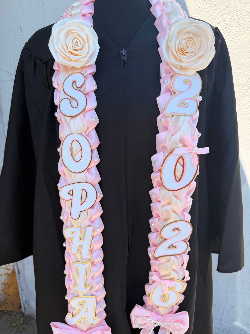 Coquette Graduation Ribbon Lei with flower and pearl Accents, Class of 2026, Double braided lei