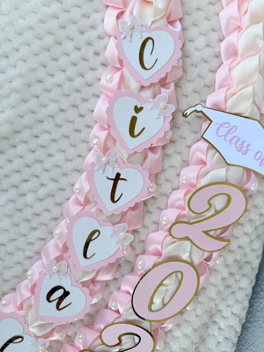 Coquette Graduation Ribbon Lei withPearl Accents, Class of 2026, Double braided lei