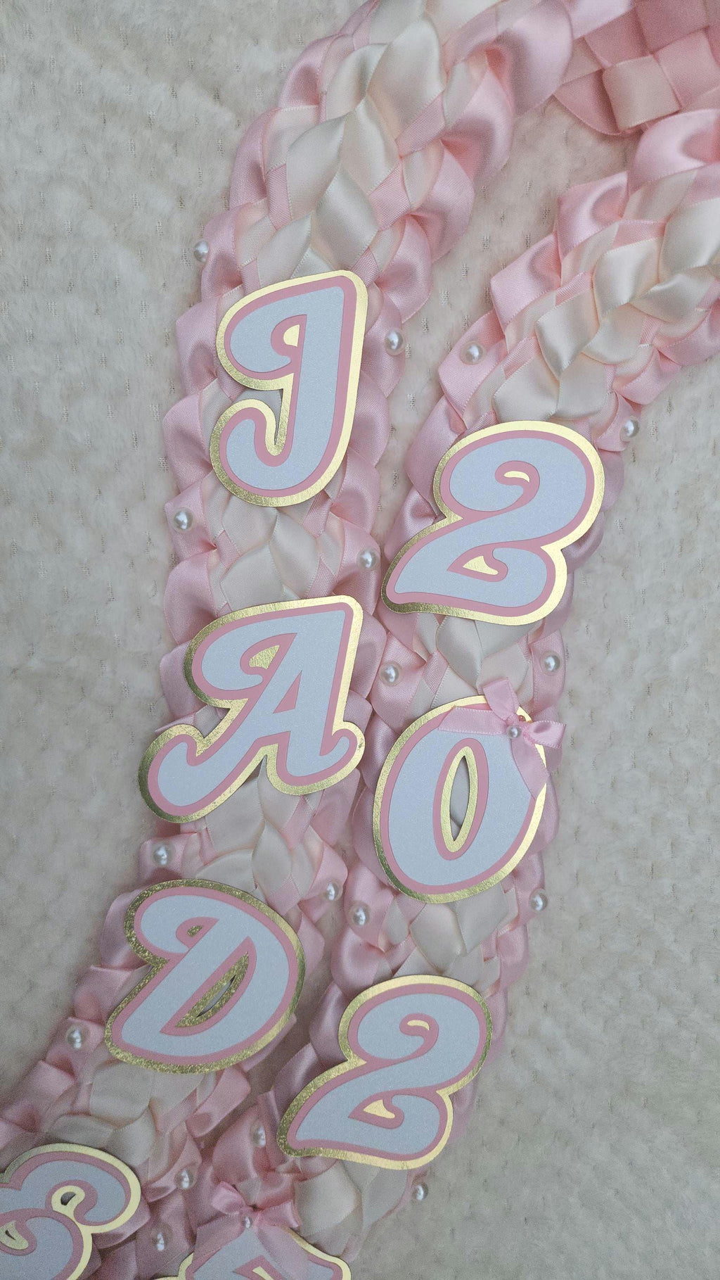 Coquette Graduation Ribbon Lei withPearl Accents, Class of 2026, Double braided lei