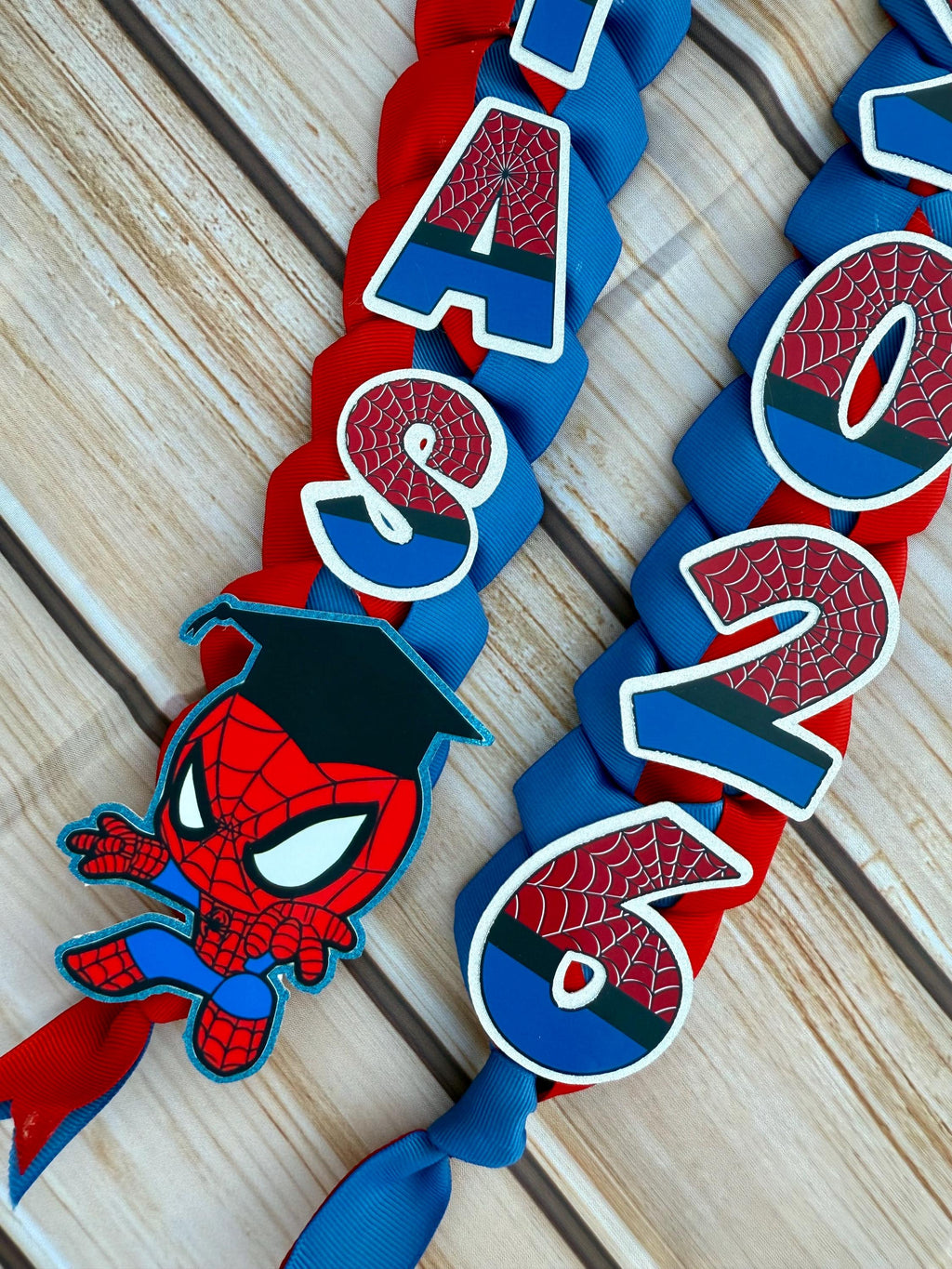 Handmade Spider Graduation Lei: Red & Blue Ribbon, Class of 2026