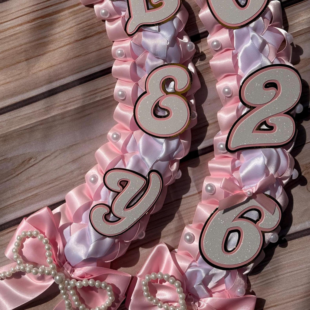 Coquette Graduation Ribbon Lei withPearl Accents, Class of 2026, Double braided lei