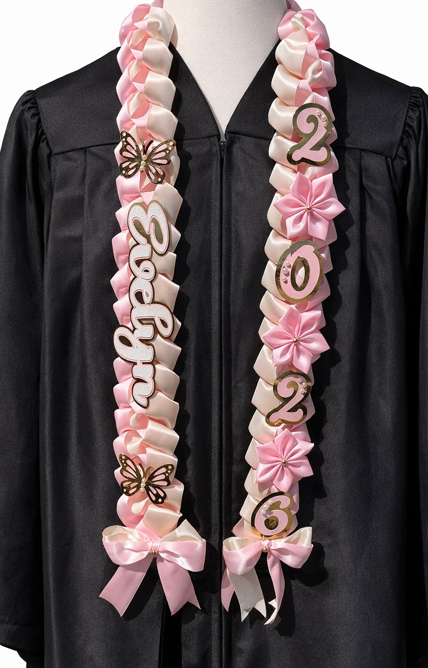 Graduation Ribbon Lei 2026 Pink Satin Braid Lei Personalized Name Graduation Lei Butterfly Grad Lei High School or College gift