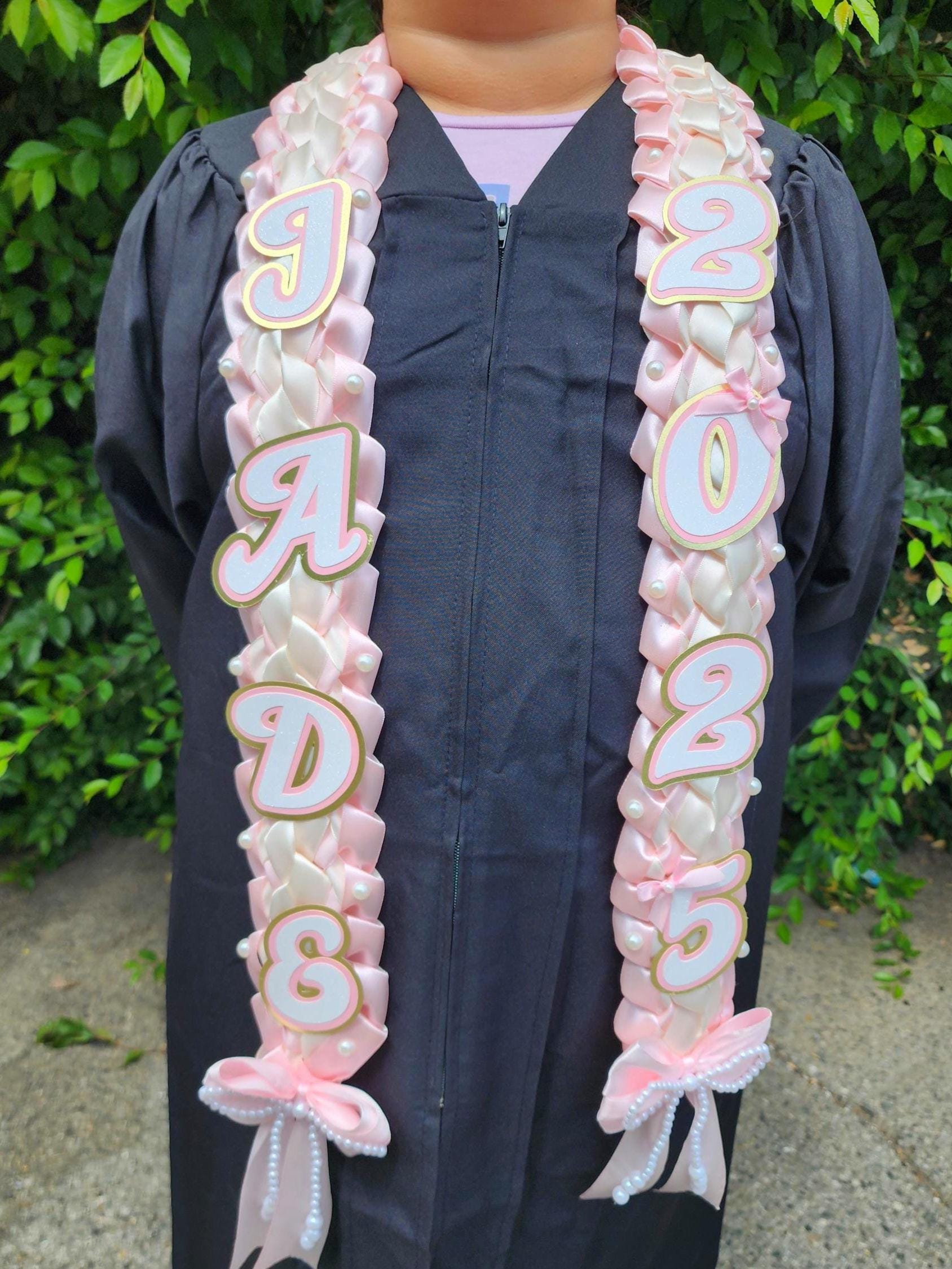 Coquette Graduation Ribbon Lei withPearl Accents, Class of 2026, Double braided lei