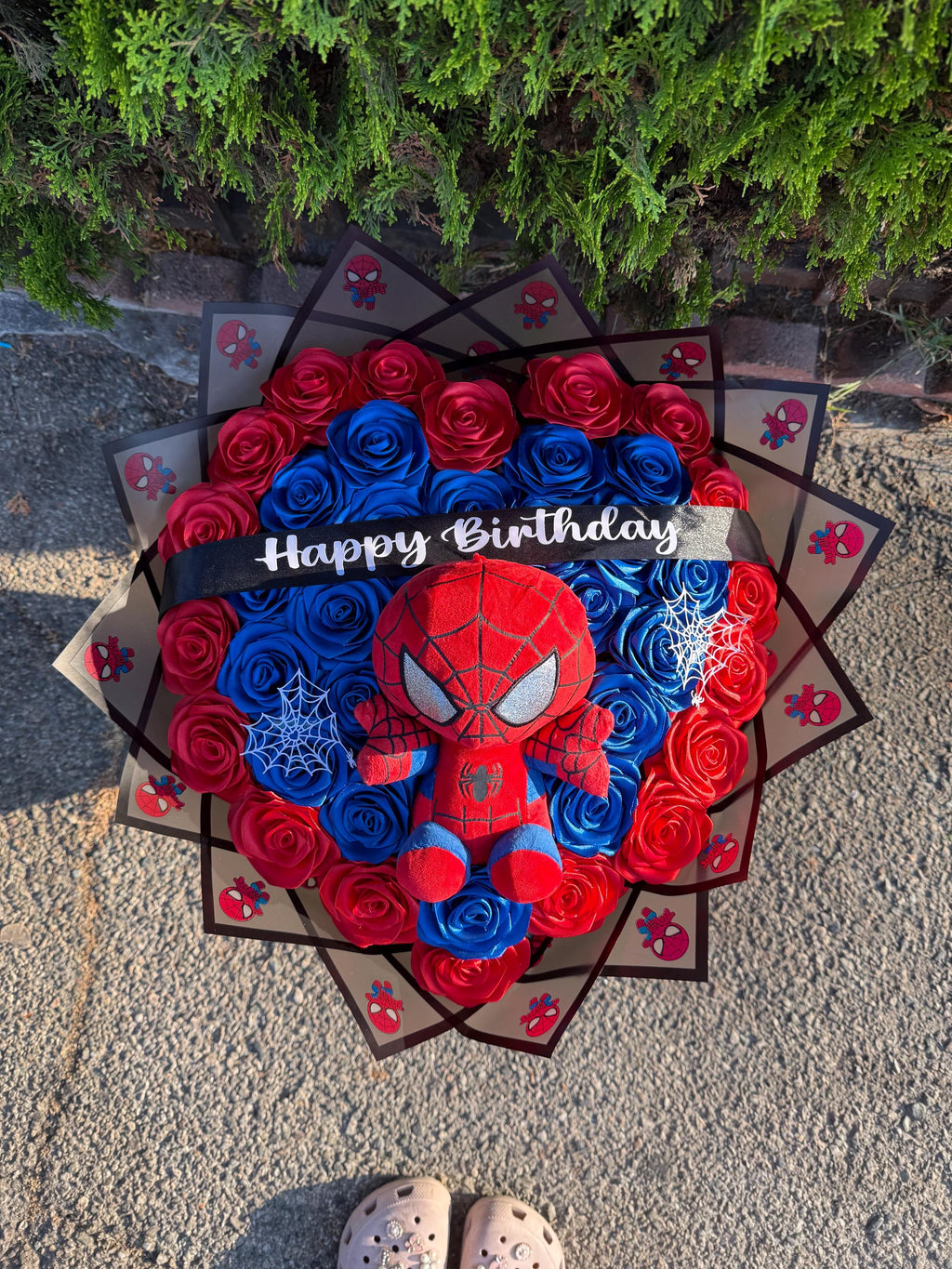 Handmade Satin Ribbon Rose Bouquet with Spider-Man Plushie