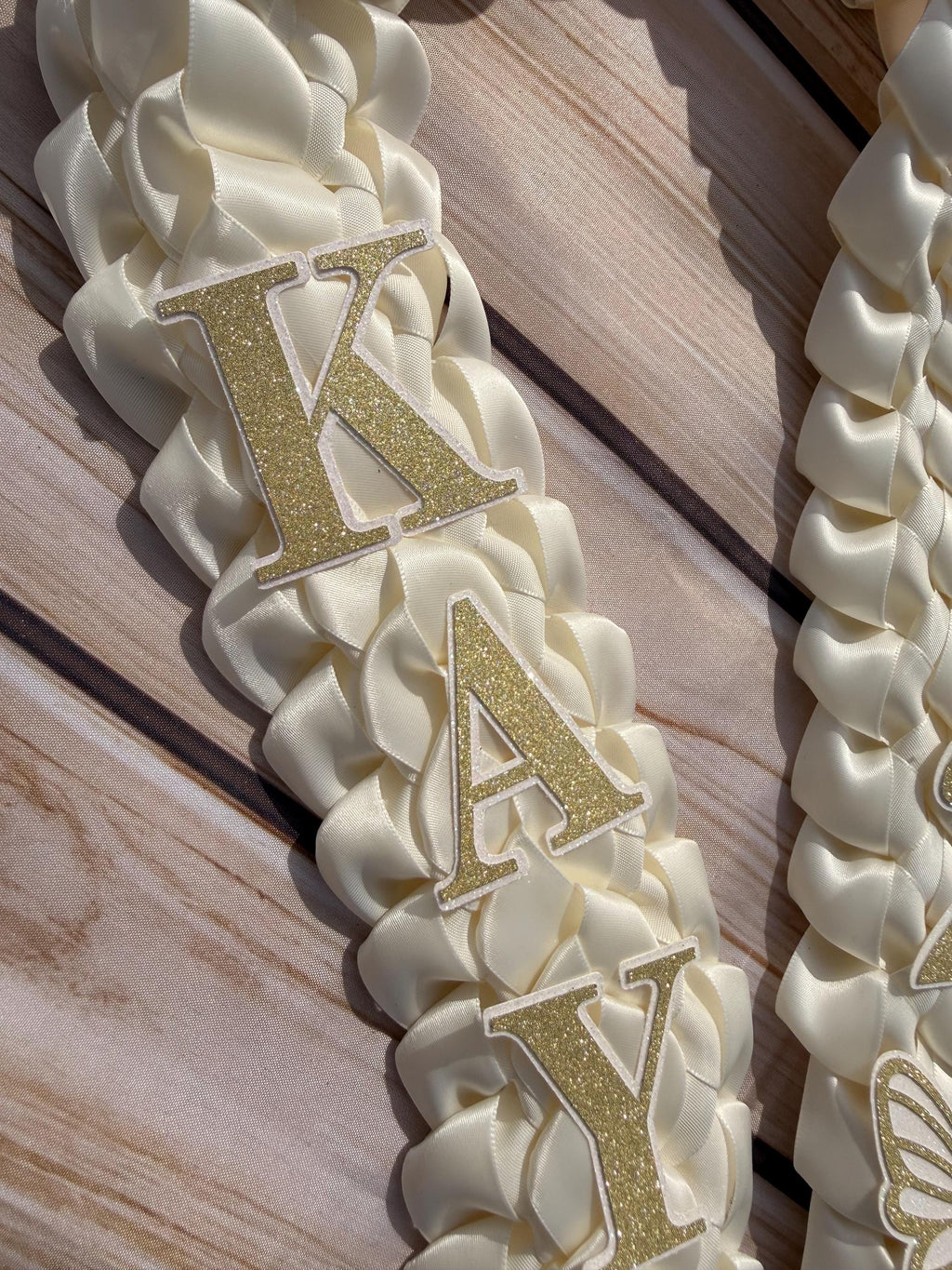 Graduation Lei: Ivory Satin Double Braid with Pearl Bows, Butterflies, Class of 2026