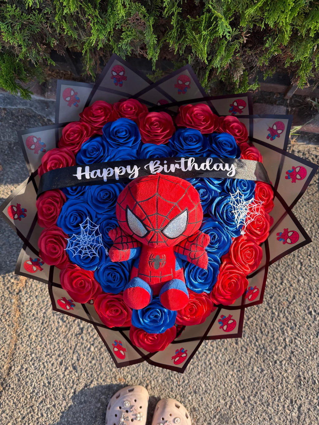 Handmade Satin Ribbon Rose Bouquet with Spider-Man Plushie