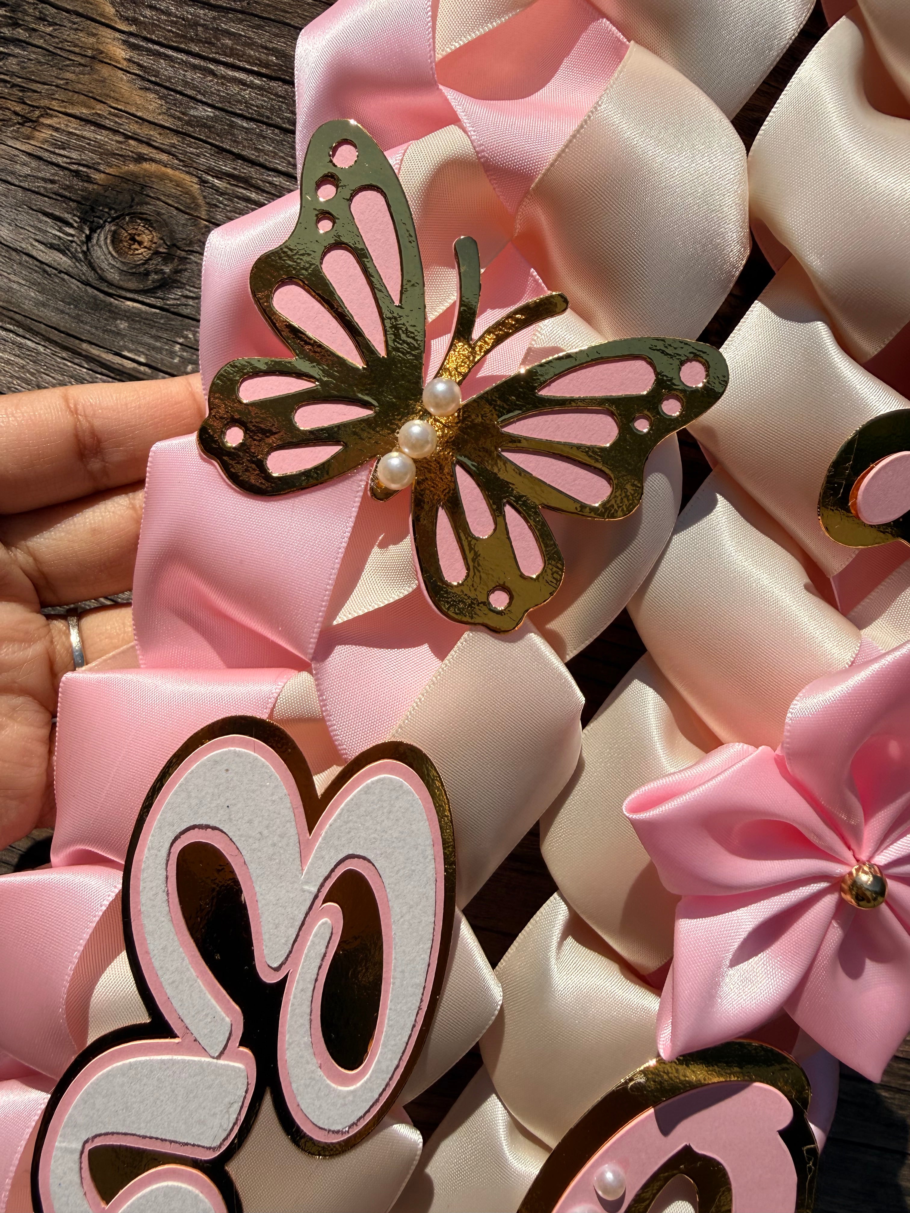 Graduation Ribbon Lei 2026 Pink Satin Braid Lei Personalized Name Graduation Lei Butterfly Grad Lei High School or College gift