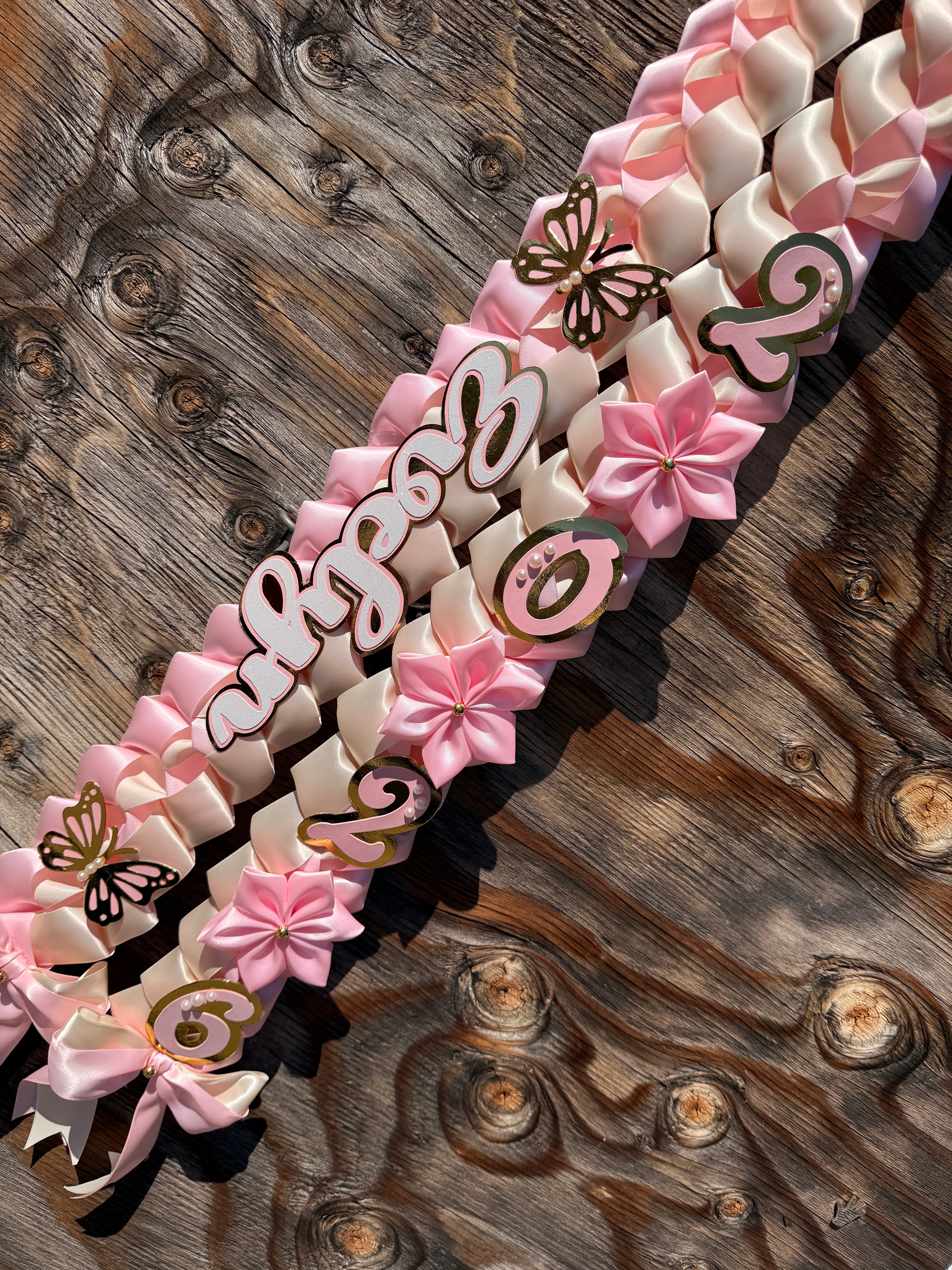 Graduation Ribbon Lei 2026 Pink Satin Braid Lei Personalized Name Graduation Lei Butterfly Grad Lei High School or College gift
