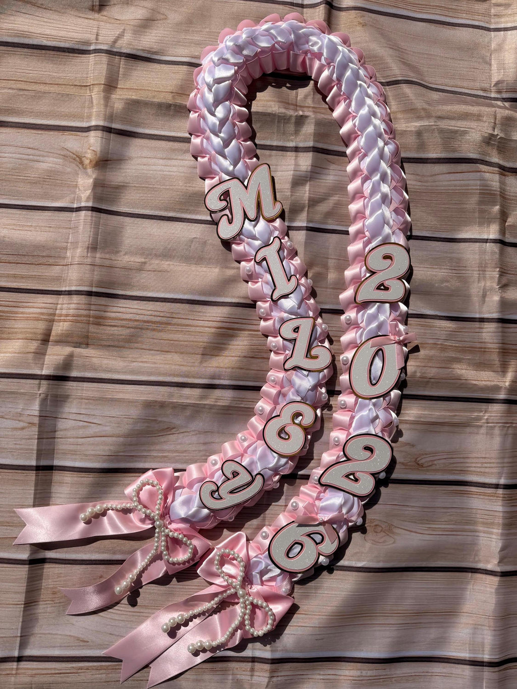 Coquette Graduation Ribbon Lei withPearl Accents, Class of 2026, Double braided lei
