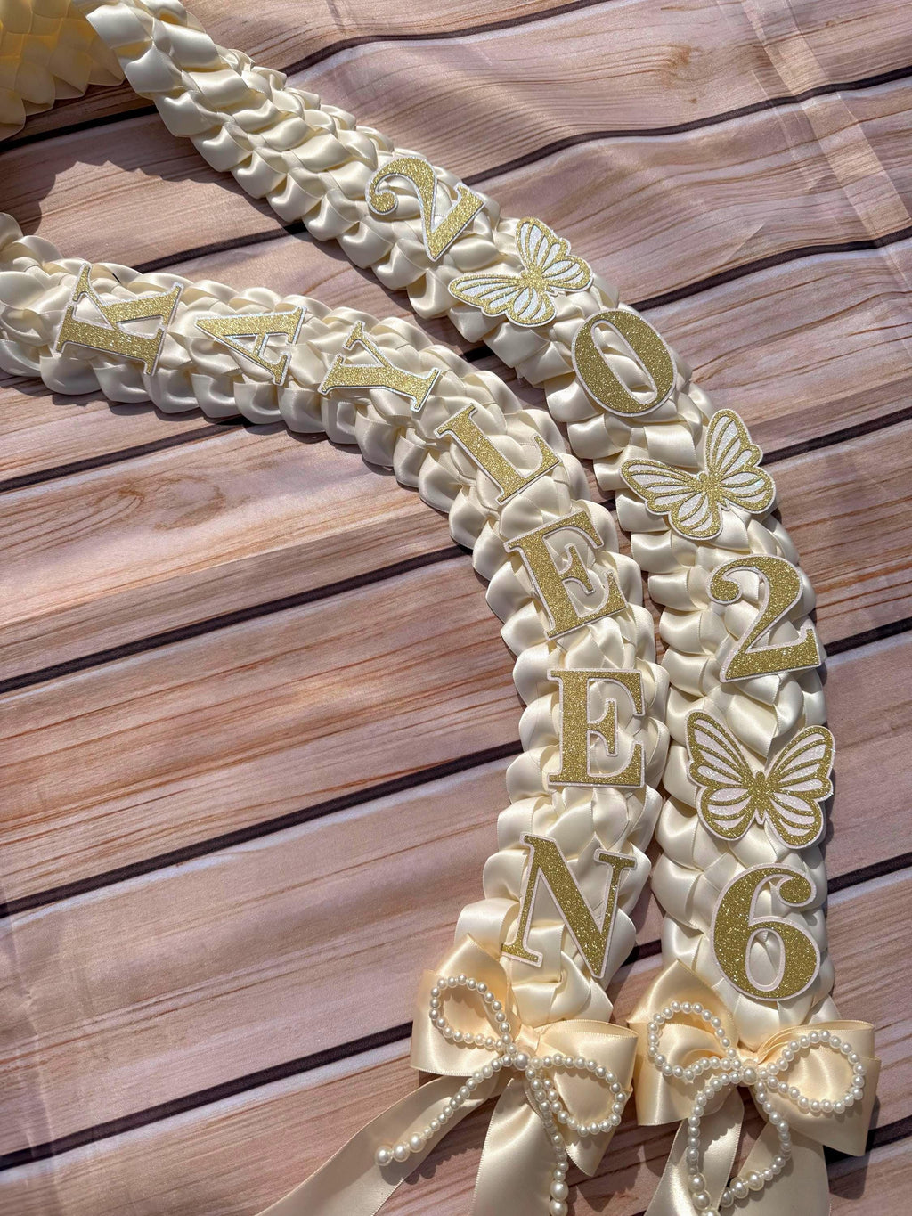 Graduation Lei: Ivory Satin Double Braid with Pearl Bows, Butterflies, Class of 2026