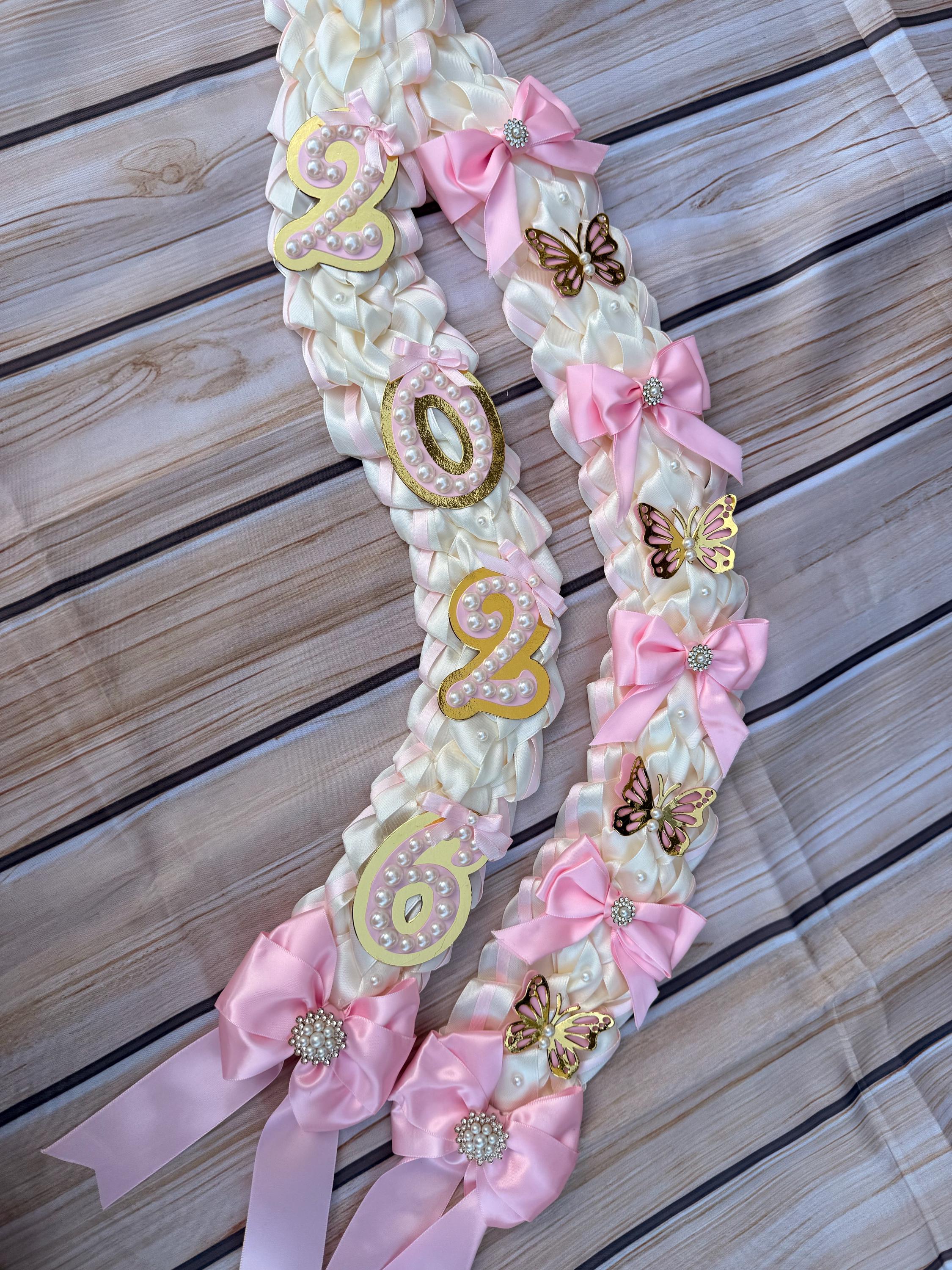 Coquette Graduation Ribbon Lei withPearl Accents, Class of 2026, Double braided lei