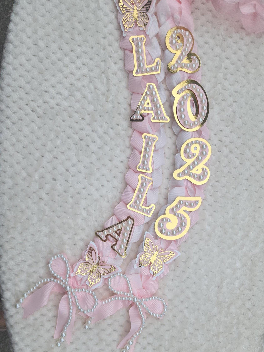 Coquette Pearl Graduation Ribbon Lei: Custom Senior Gift, Class of 2026