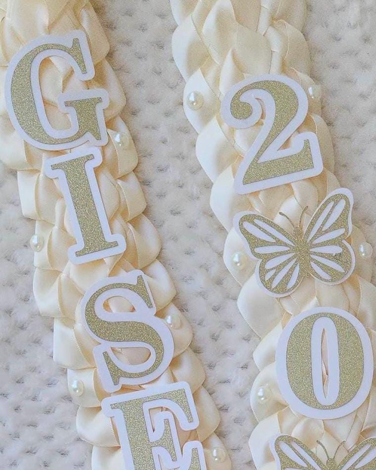 Coquette Graduation Ribbon Lei withPearl Accents, Class of 2026, Double braided lei