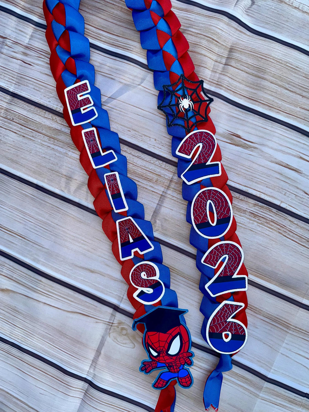 Handmade Spider Graduation Lei: Red & Blue Ribbon, Class of 2026