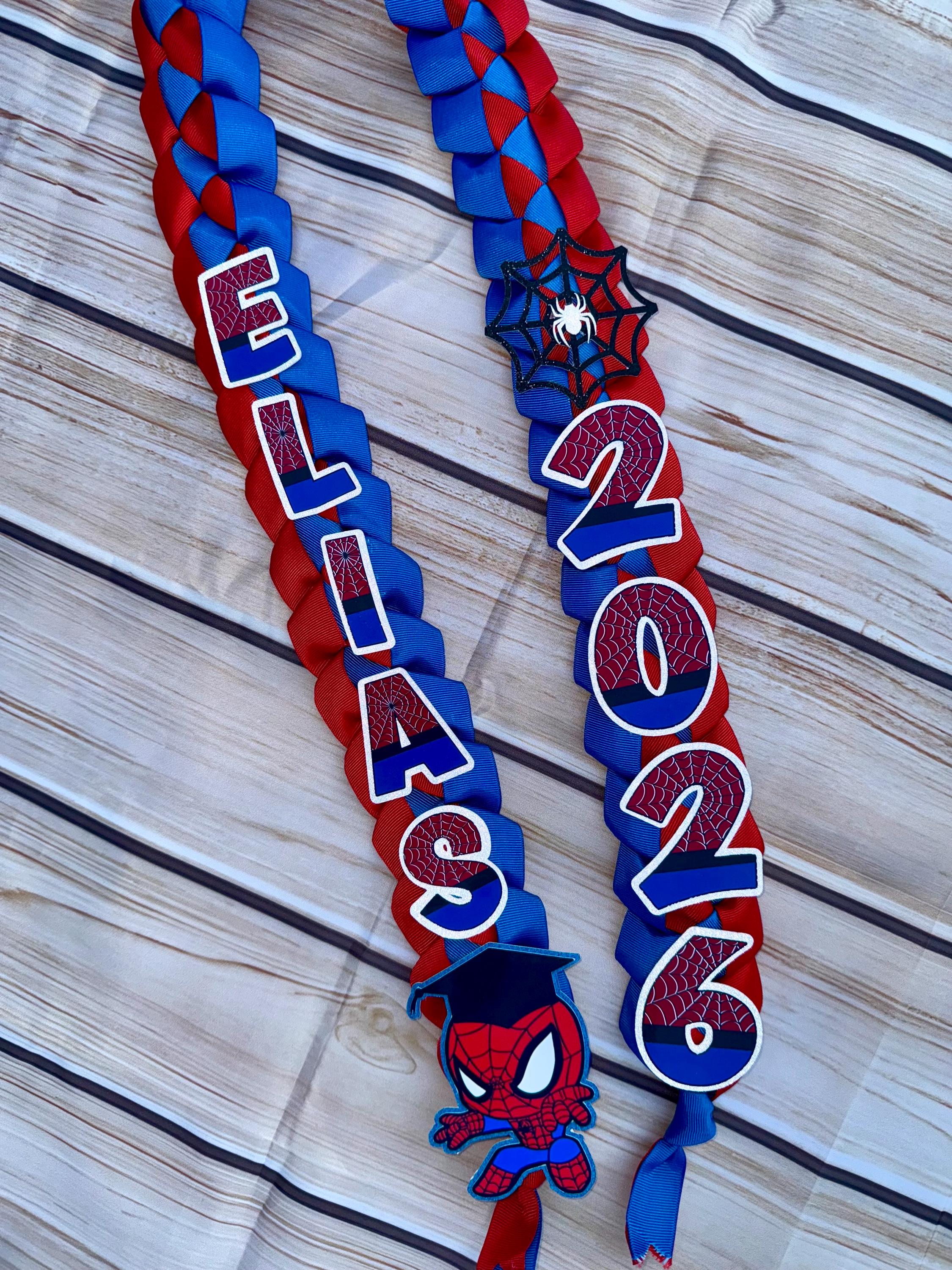 Handmade Spider Graduation Lei: Red & Blue Ribbon, Class of 2026