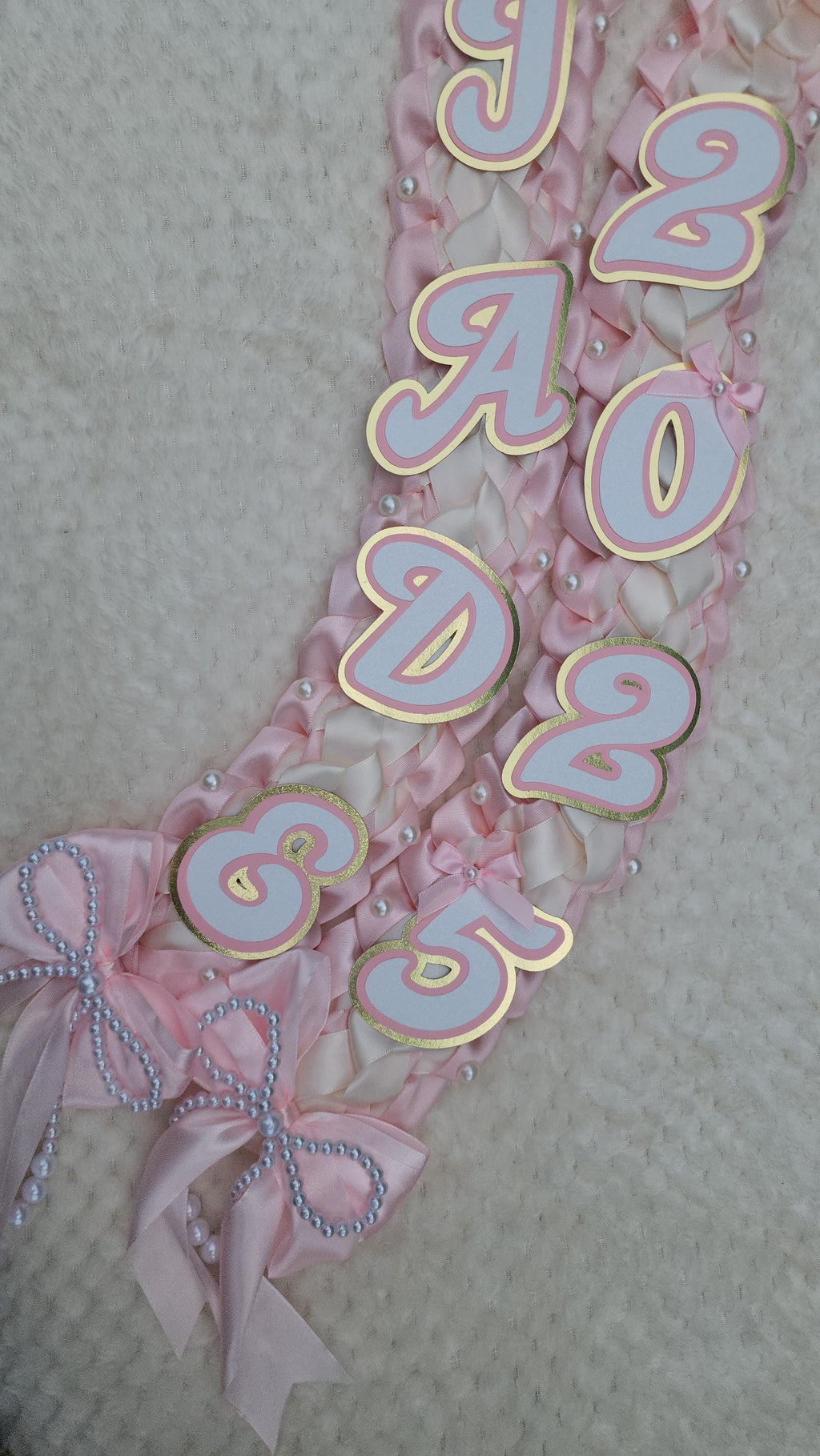 Coquette Graduation Ribbon Lei withPearl Accents, Class of 2026, Double braided lei