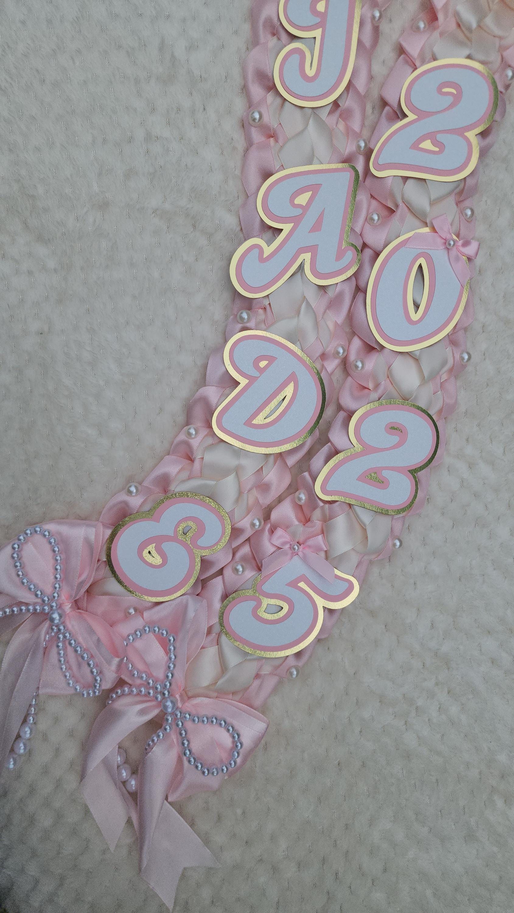 Coquette Graduation Ribbon Lei withPearl Accents, Class of 2026, Double braided lei
