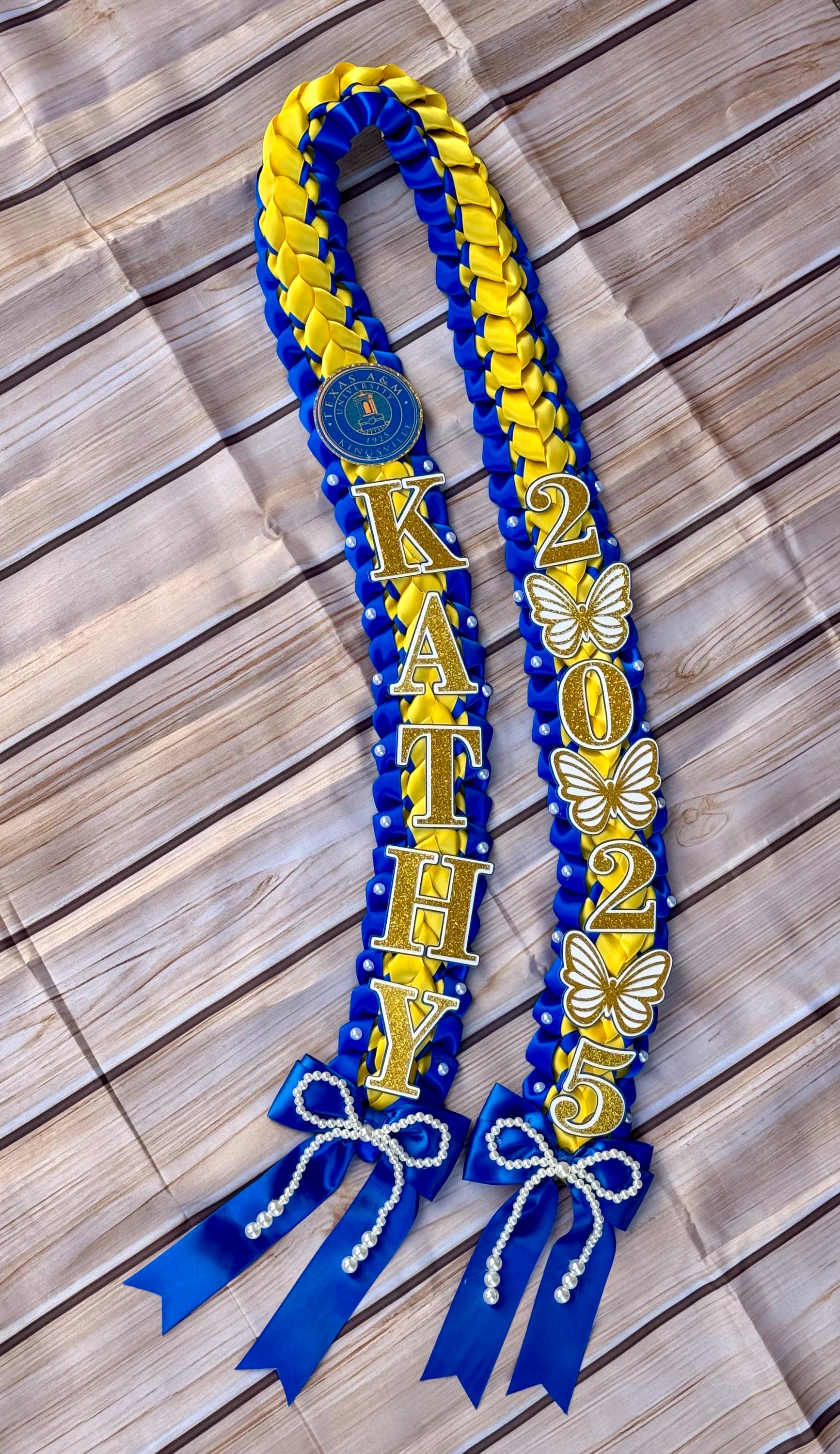 Coquette Graduation Ribbon Lei withPearl Accents, Class of 2026, Double braided lei
