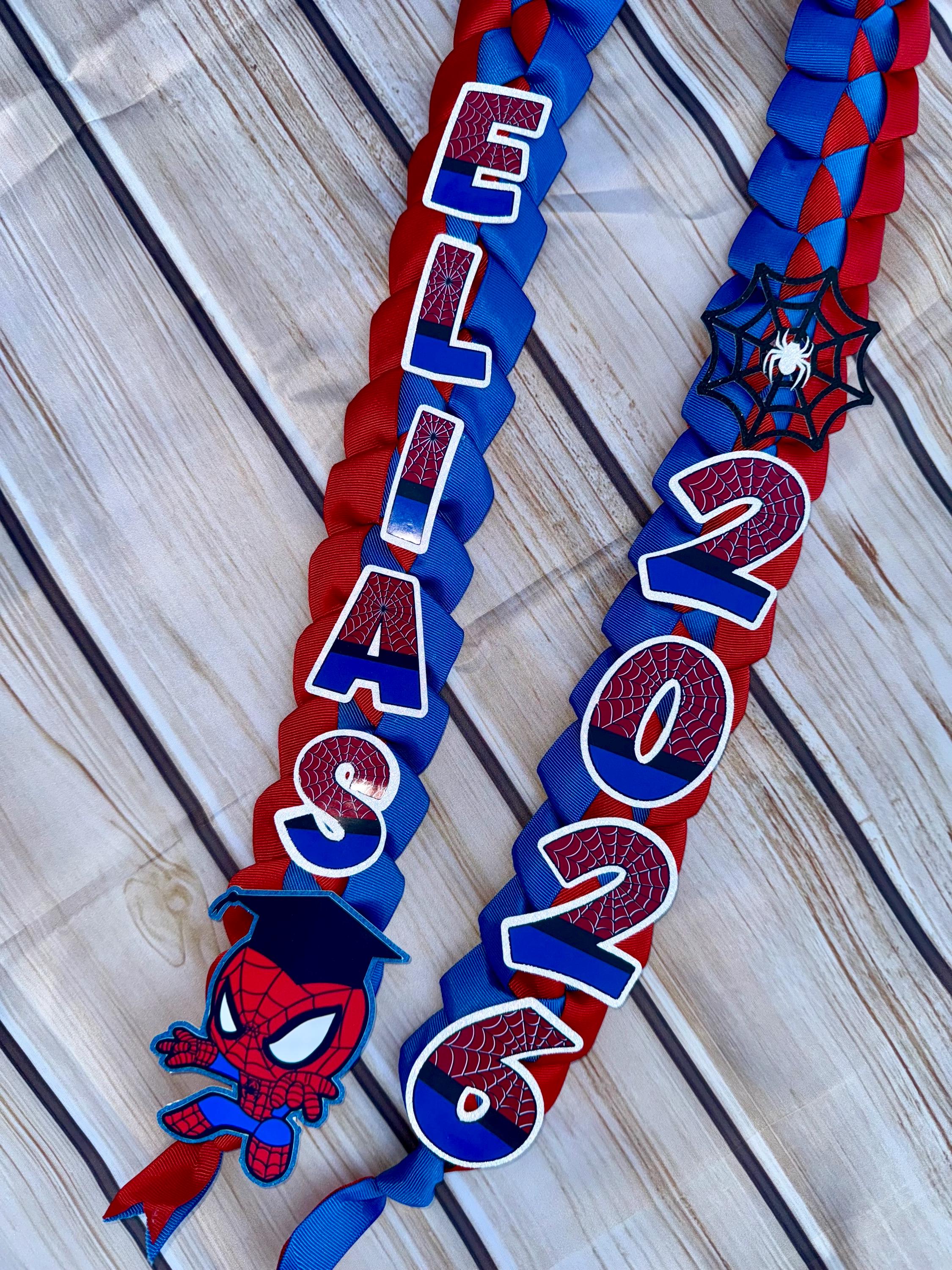 Handmade Spider Graduation Lei: Red & Blue Ribbon, Class of 2026