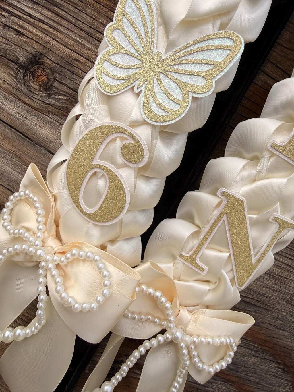 Graduation Lei: Ivory Satin Double Braid with Pearl Bows, Butterflies, Class of 2026