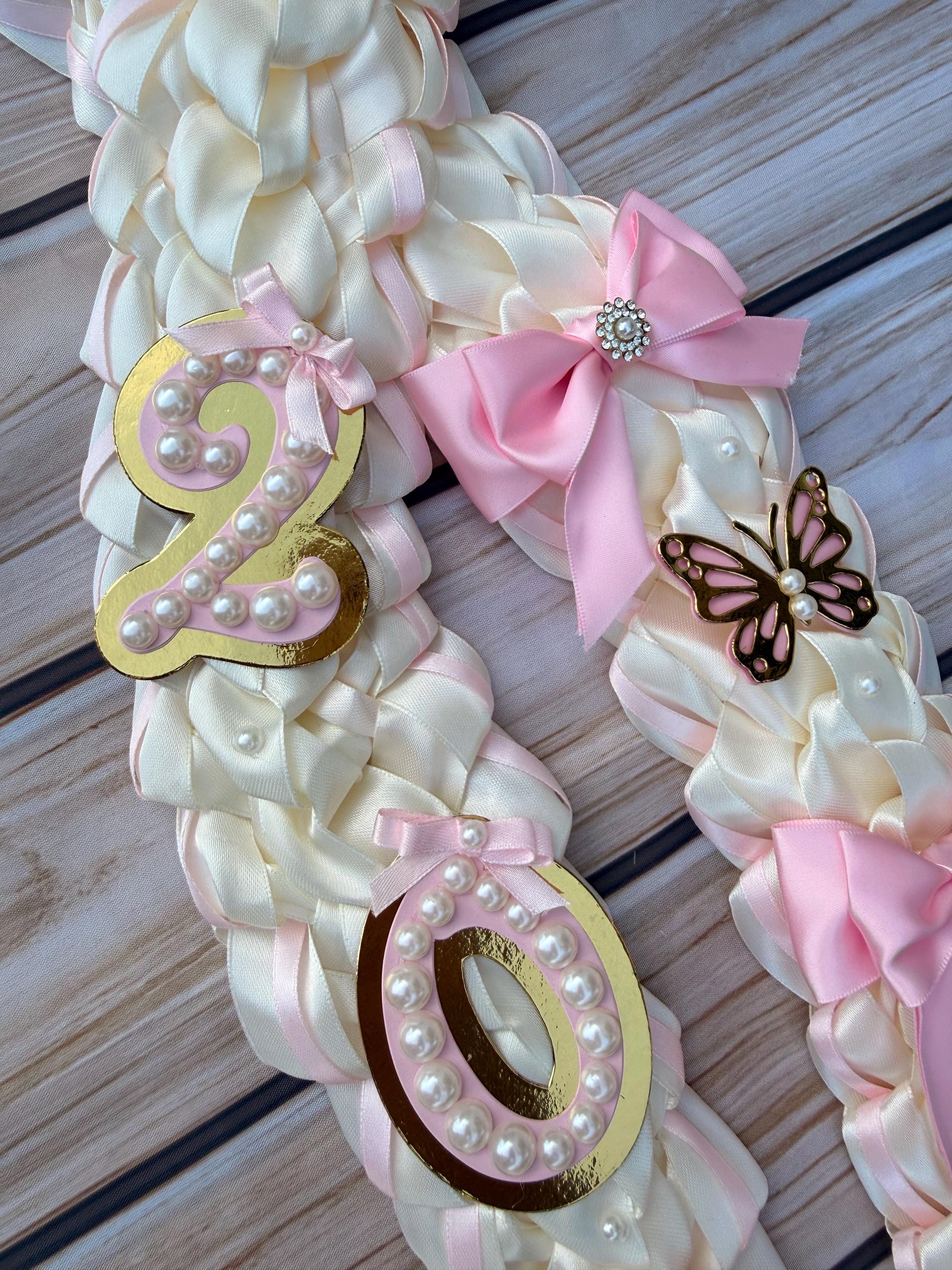 Coquette Graduation Ribbon Lei withPearl Accents, Class of 2026, Double braided lei