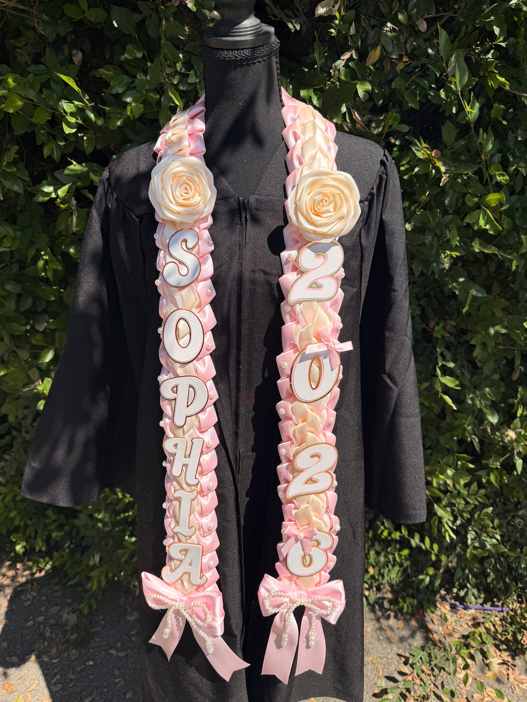 Coquette Graduation Ribbon Lei with flower and pearl Accents, Class of 2026, Double braided lei