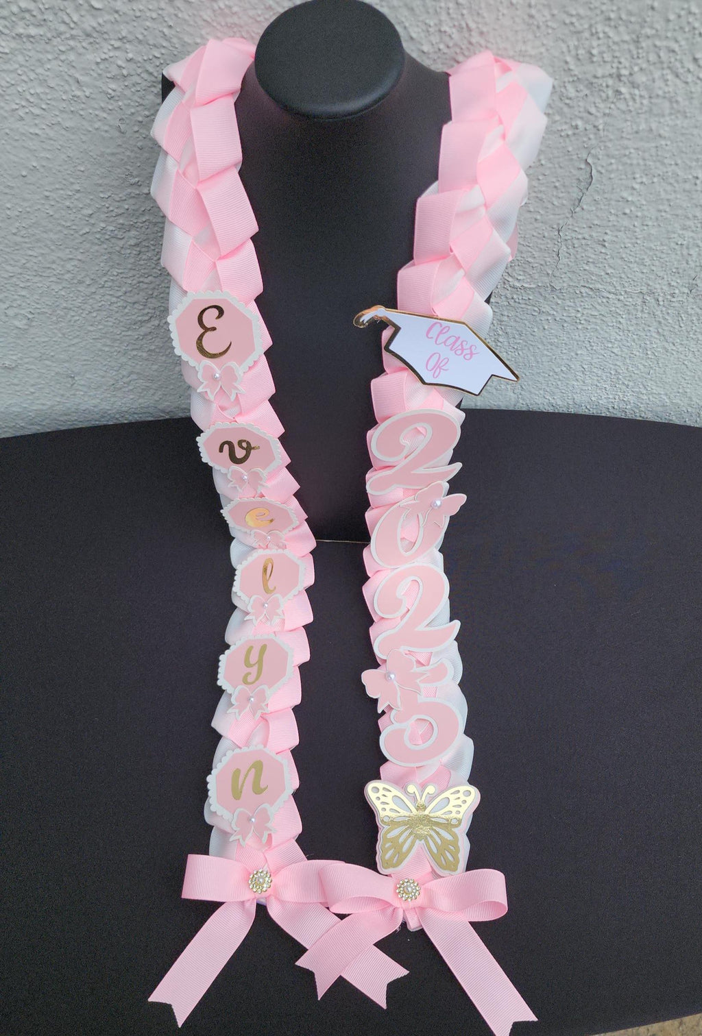 Coquette Graduation Ribbon Lei with Pink Bows and Butterfly Embellishments, Class of 2026 gift