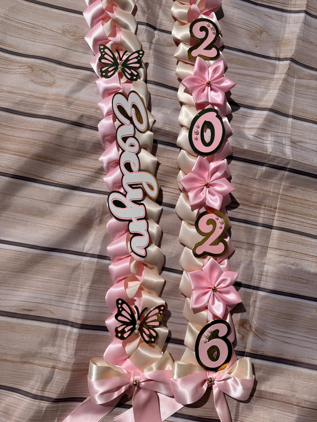 Graduation Ribbon Lei 2026 Pink Satin Braid Lei Personalized Name Graduation Lei Butterfly Grad Lei High School or College gift