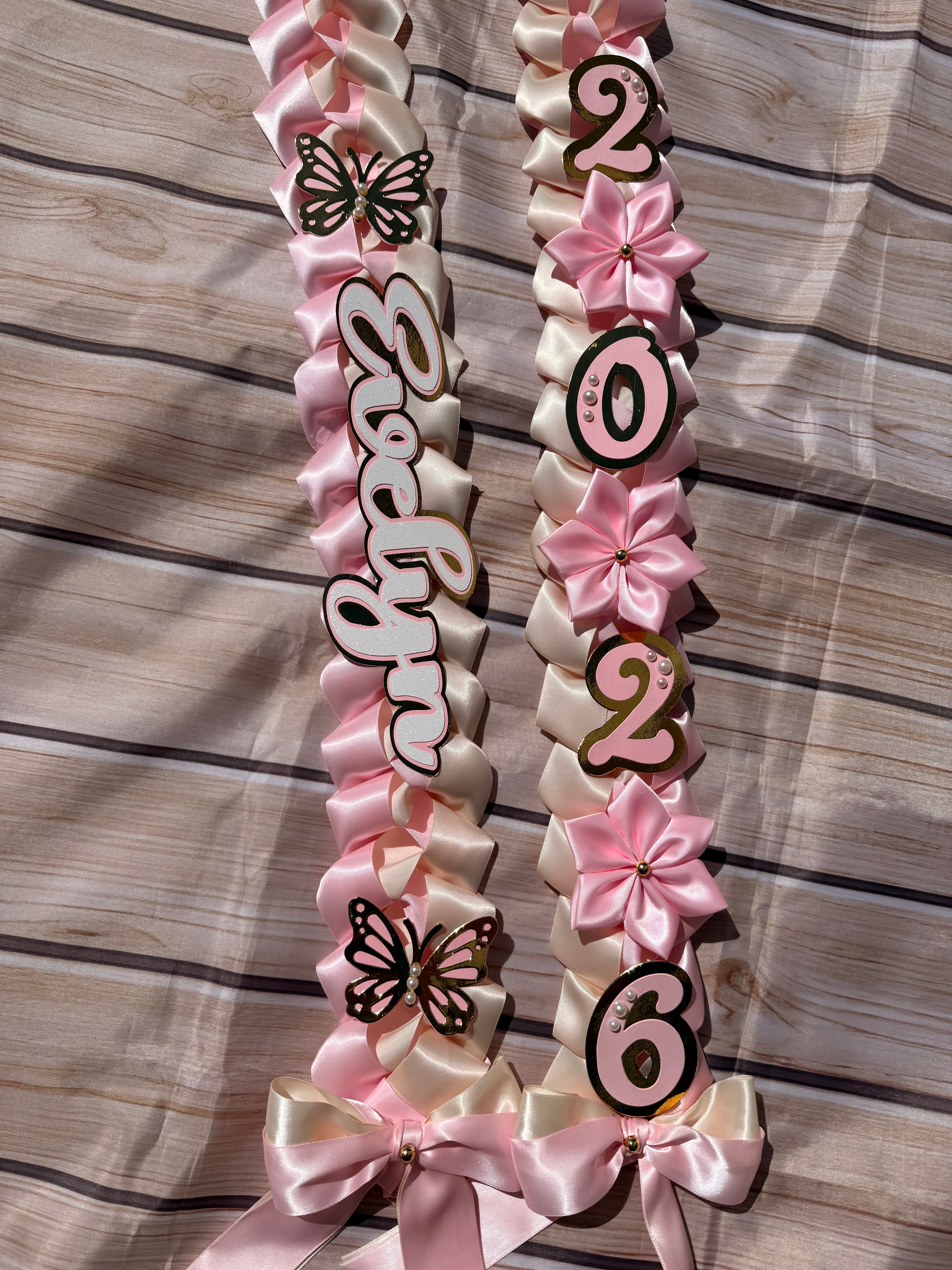 Graduation Ribbon Lei 2026 Pink Satin Braid Lei Personalized Name Graduation Lei Butterfly Grad Lei High School or College gift