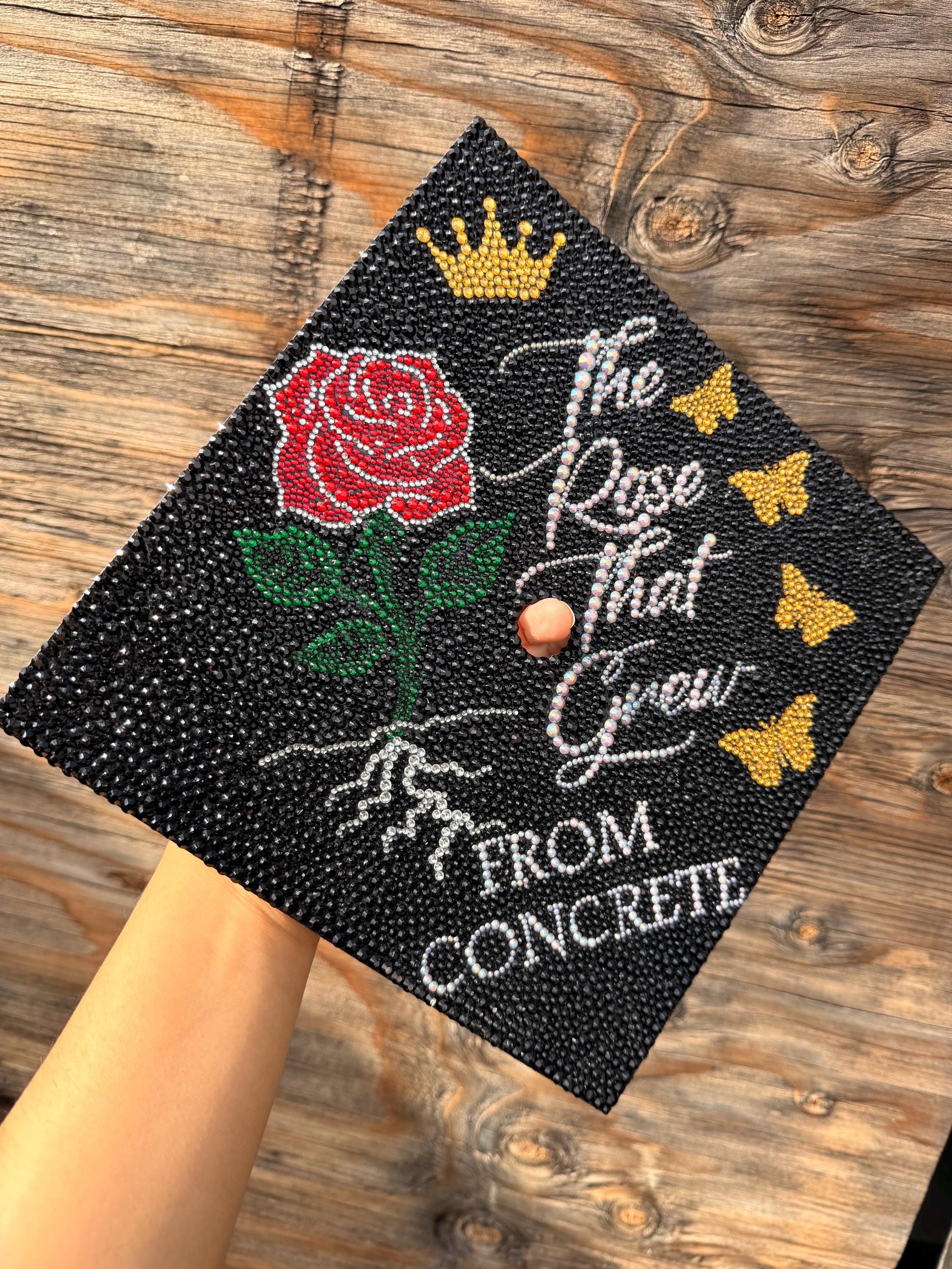 Rhinestone Graduation Cap Topper, bedazzled grad gift, Concrete Rose