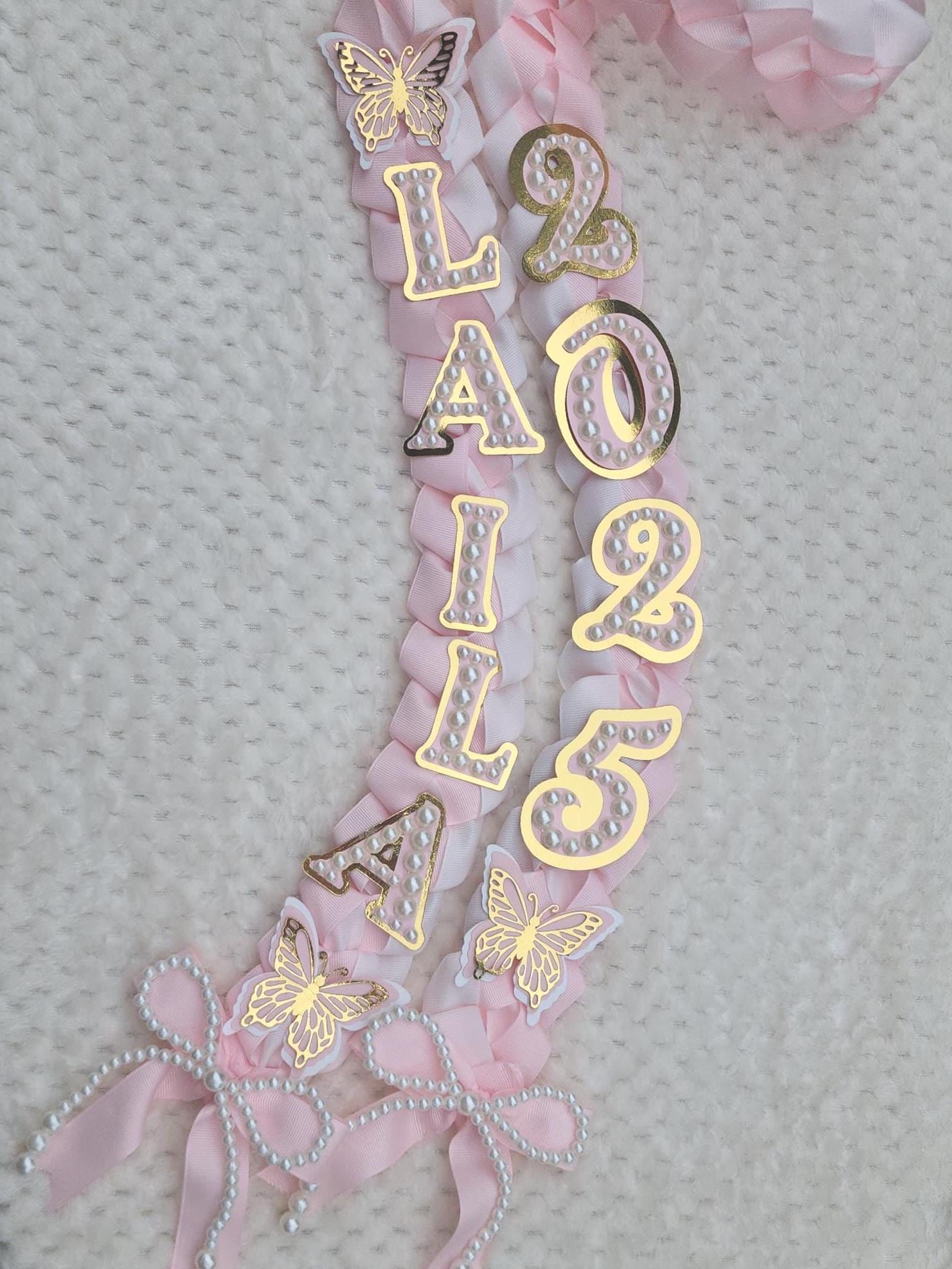 Coquette Pearl Graduation Ribbon Lei: Custom Senior Gift, Class of 2026