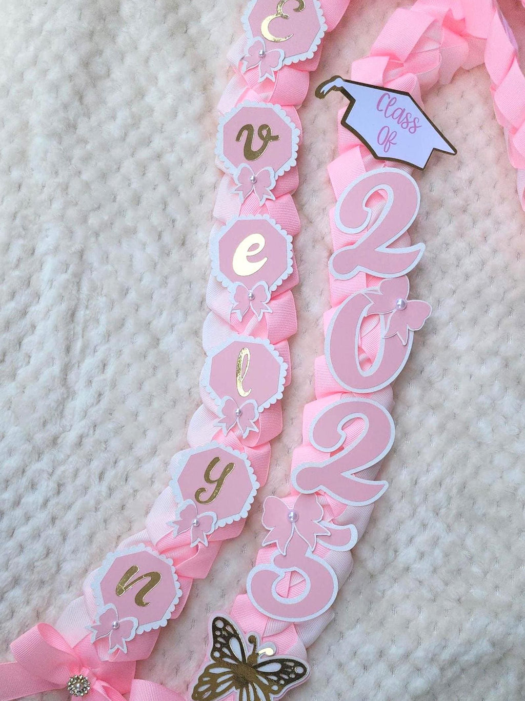 Coquette Graduation Ribbon Lei with Pink Bows and Butterfly Embellishments, Class of 2026 gift