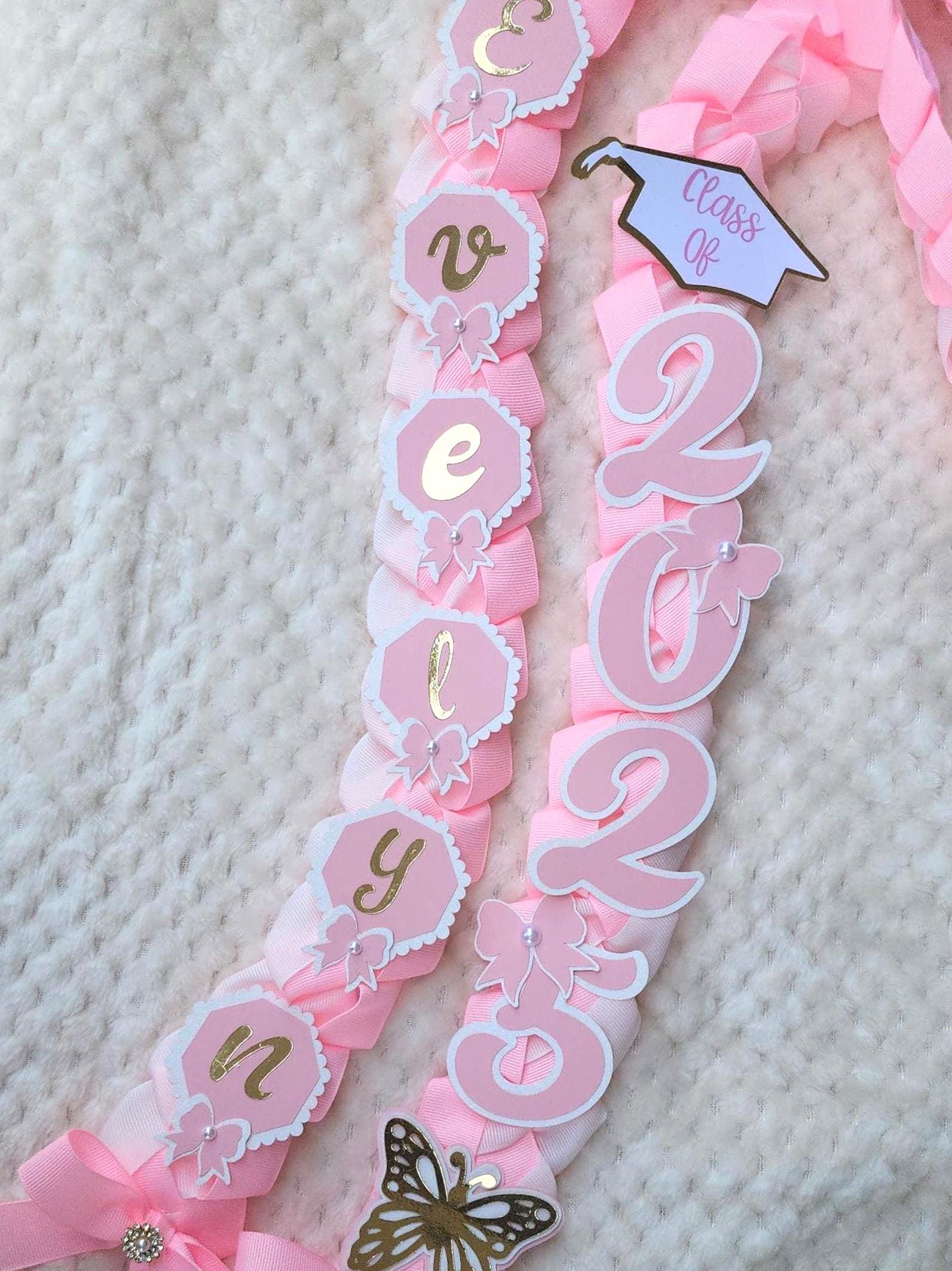 Coquette Graduation Ribbon Lei with Pink Bows and Butterfly Embellishments, Class of 2026 gift