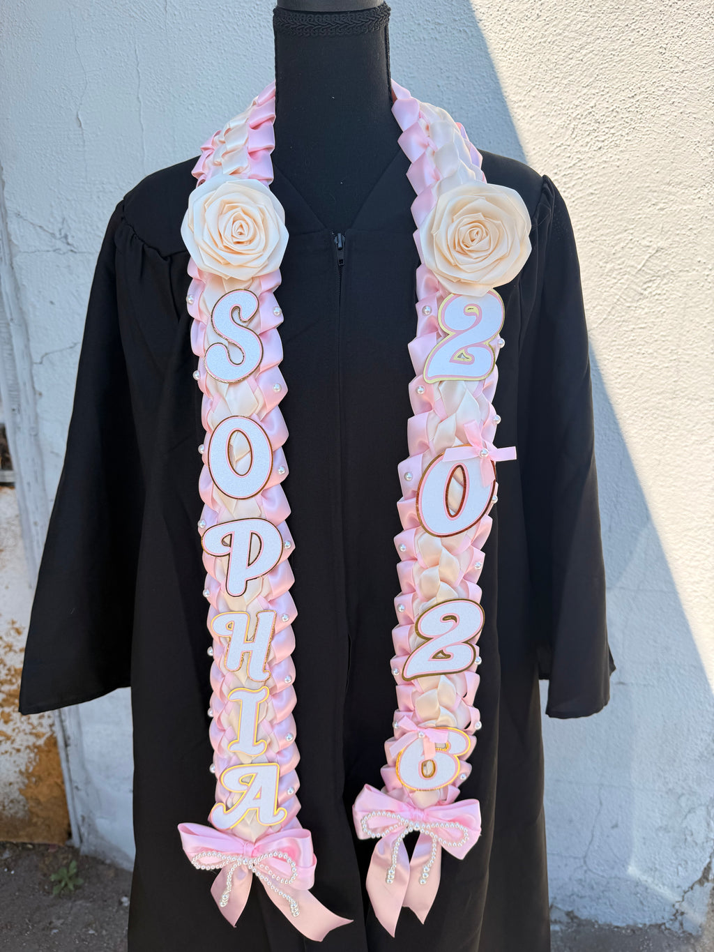 Coquette Graduation Ribbon Lei with flower and pearl Accents, Class of 2026, Double braided lei