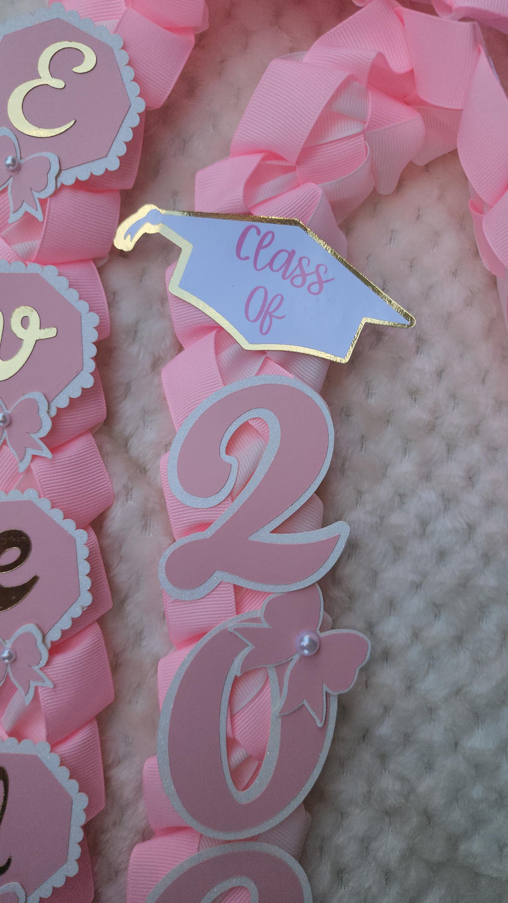 Coquette Graduation Ribbon Lei with Pink Bows and Butterfly Embellishments, Class of 2026 gift