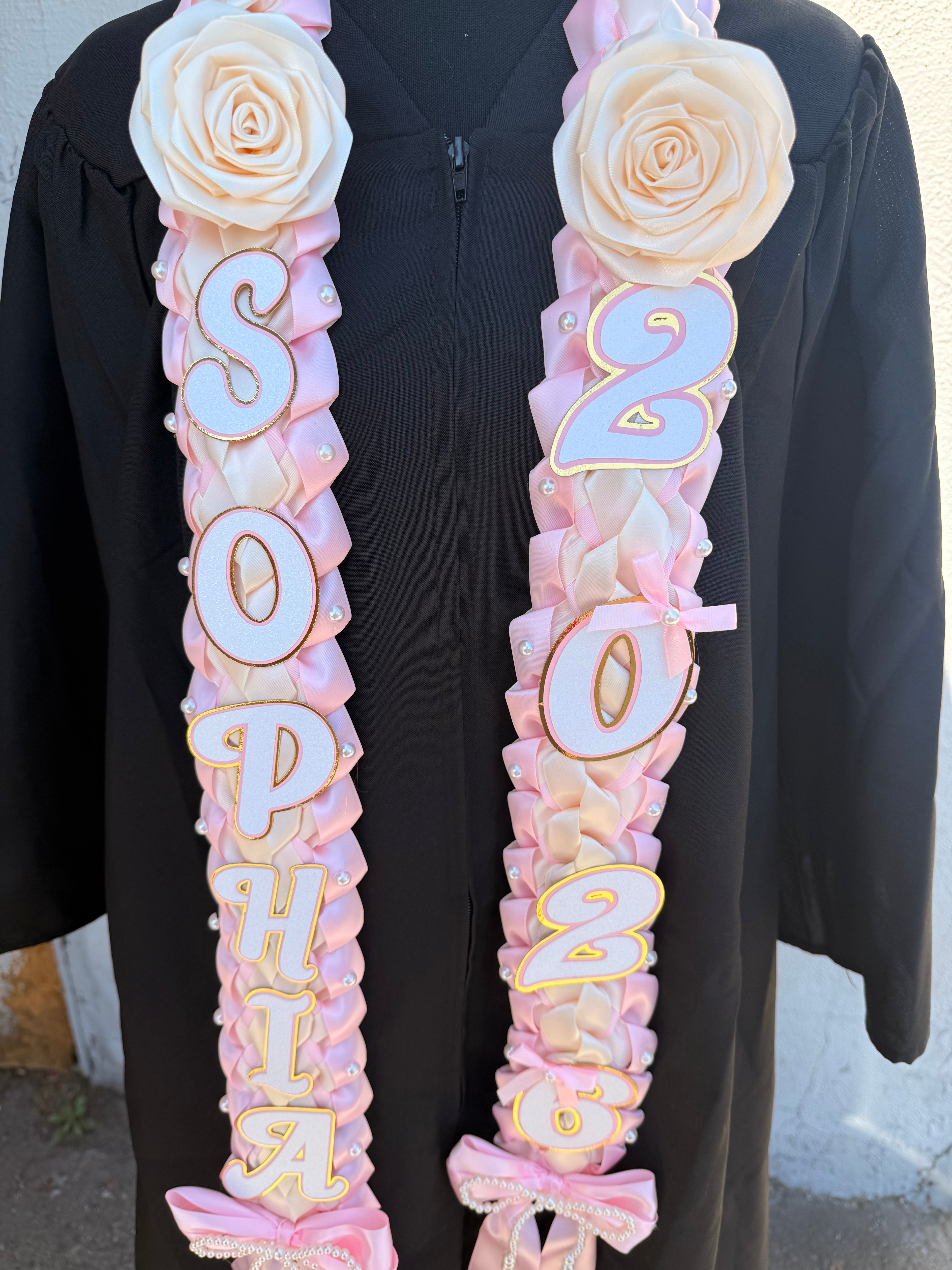 Coquette Graduation Ribbon Lei with flower and pearl Accents, Class of 2026, Double braided lei