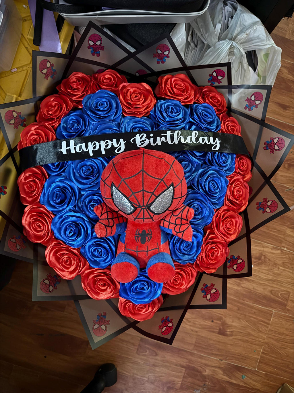 Handmade Satin Ribbon Rose Bouquet with Spider-Man Plushie