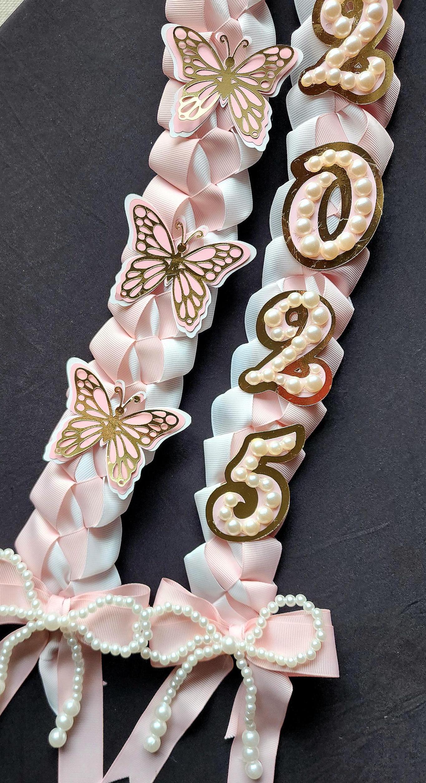 Coquette Graduation Lei: Pink Ribbon Lei with Pearl Accents, Class of 2026