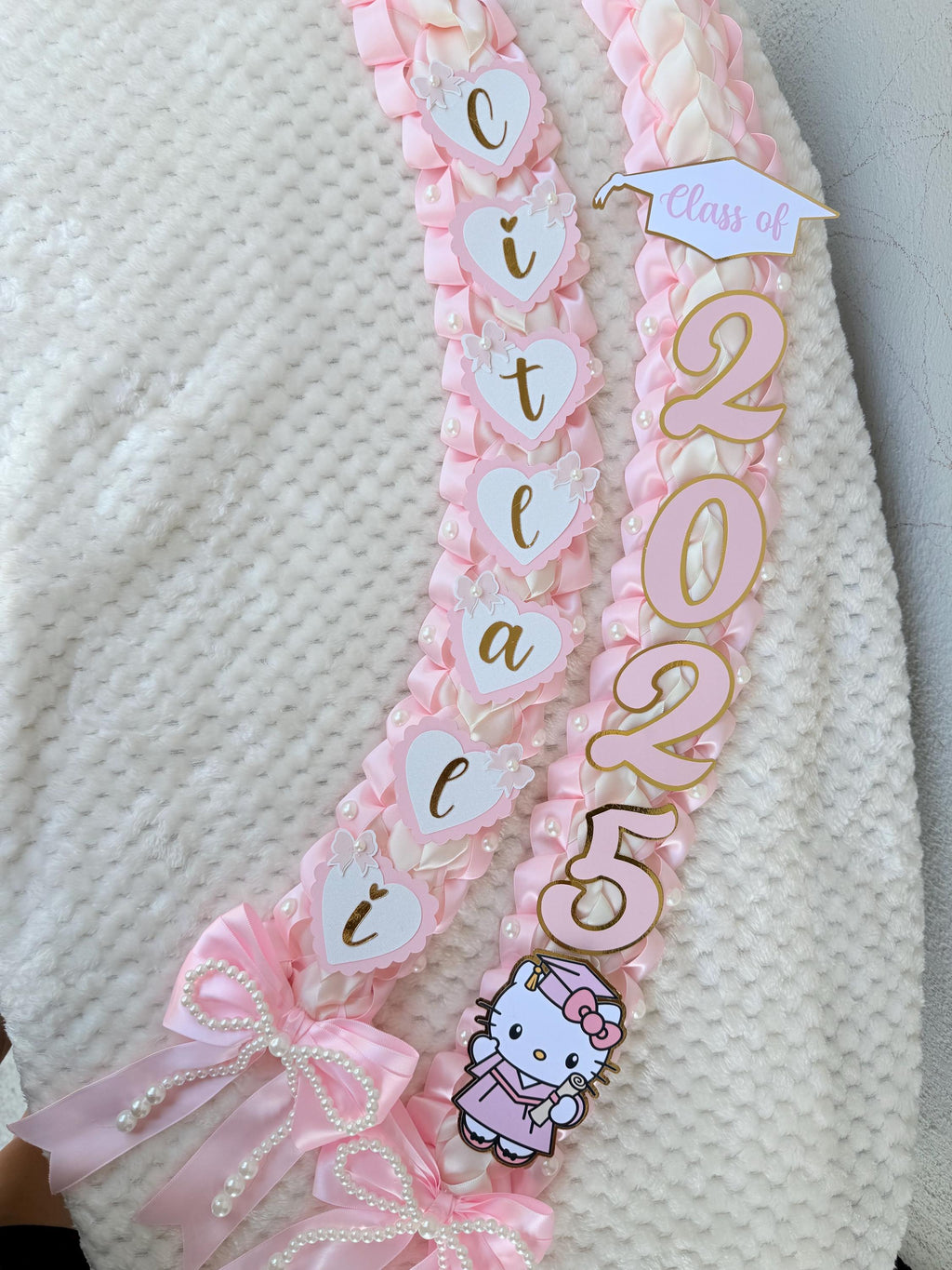 Coquette Graduation Ribbon Lei withPearl Accents, Class of 2026, Double braided lei