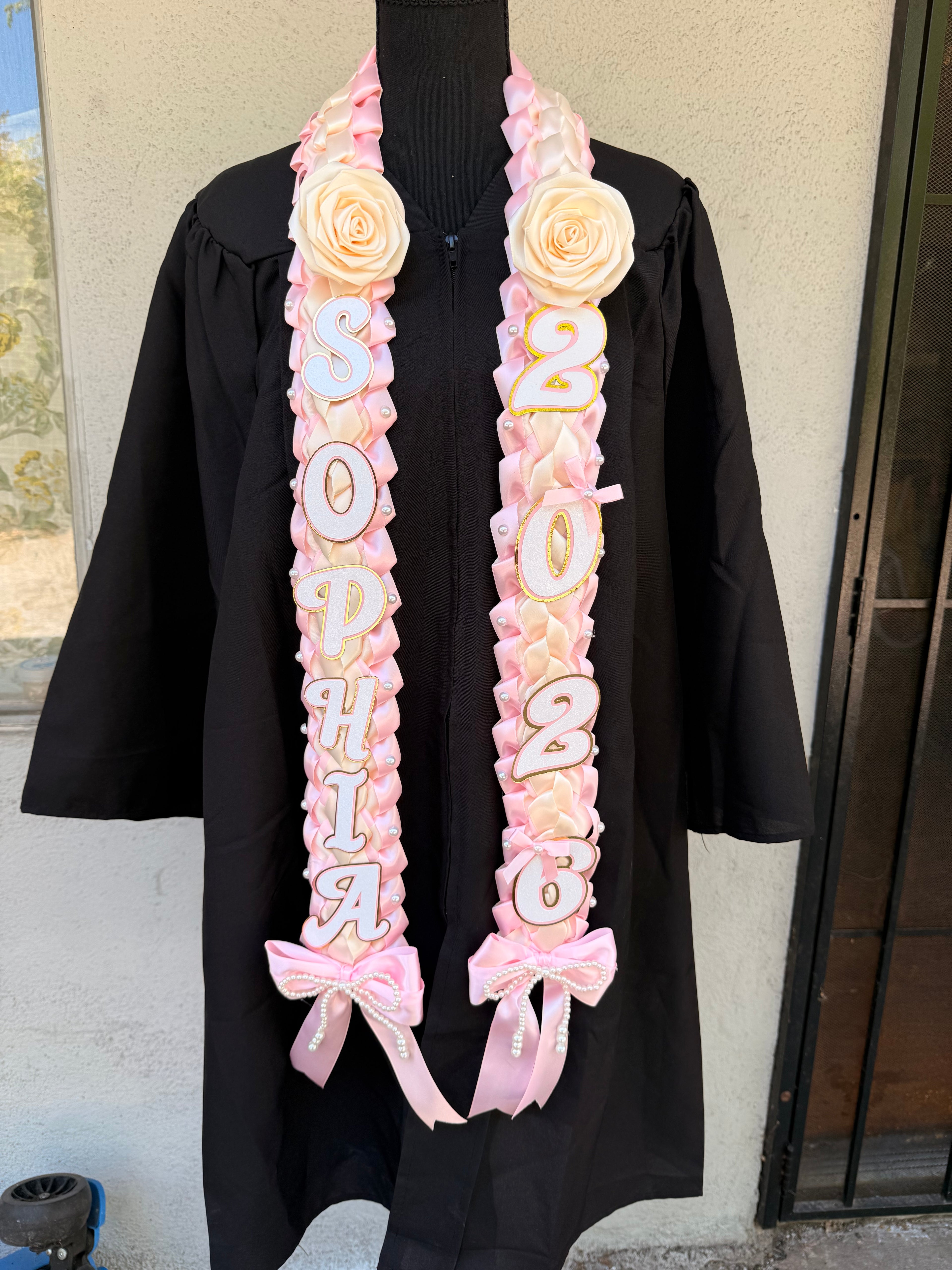 Coquette Graduation Ribbon Lei with flower and pearl Accents, Class of 2026, Double braided lei