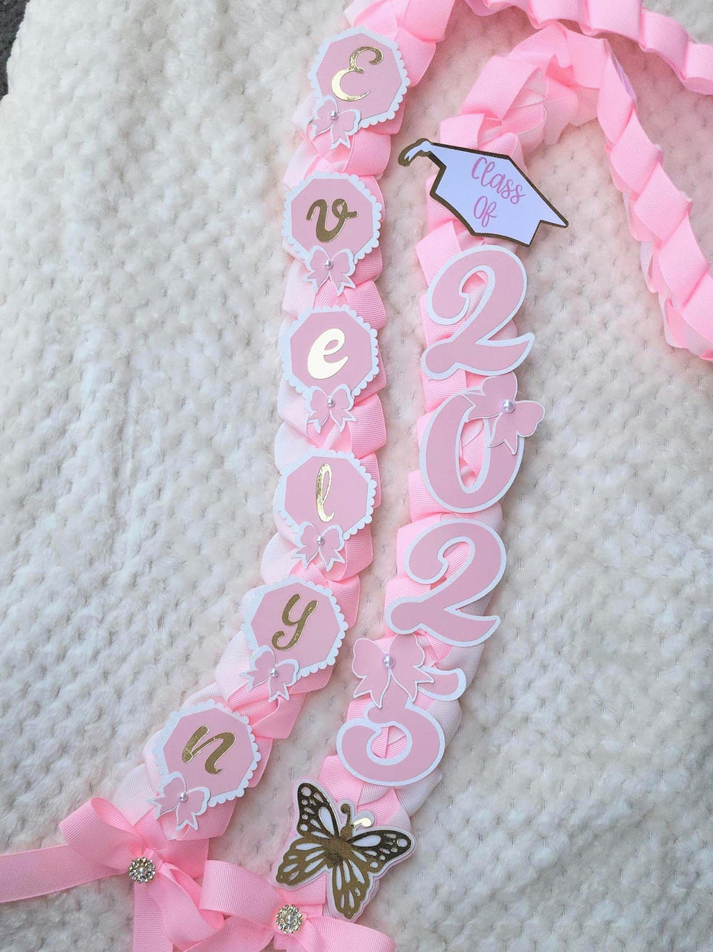 Coquette Graduation Ribbon Lei with Pink Bows and Butterfly Embellishments, Class of 2026 gift