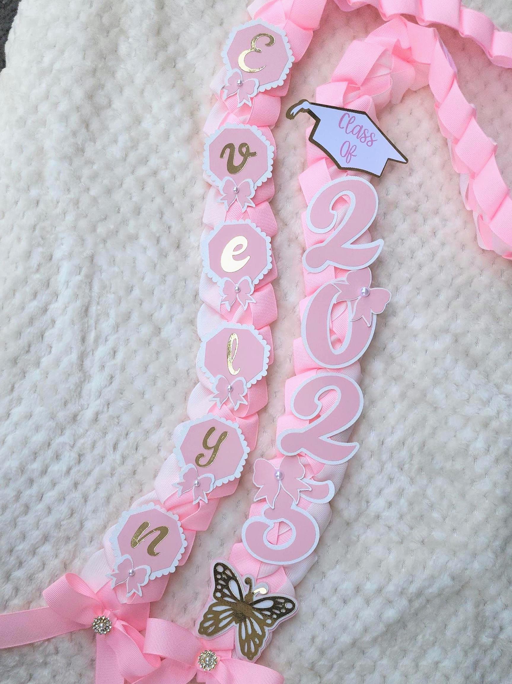 Coquette Graduation Ribbon Lei with Pink Bows and Butterfly Embellishments, Class of 2026 gift