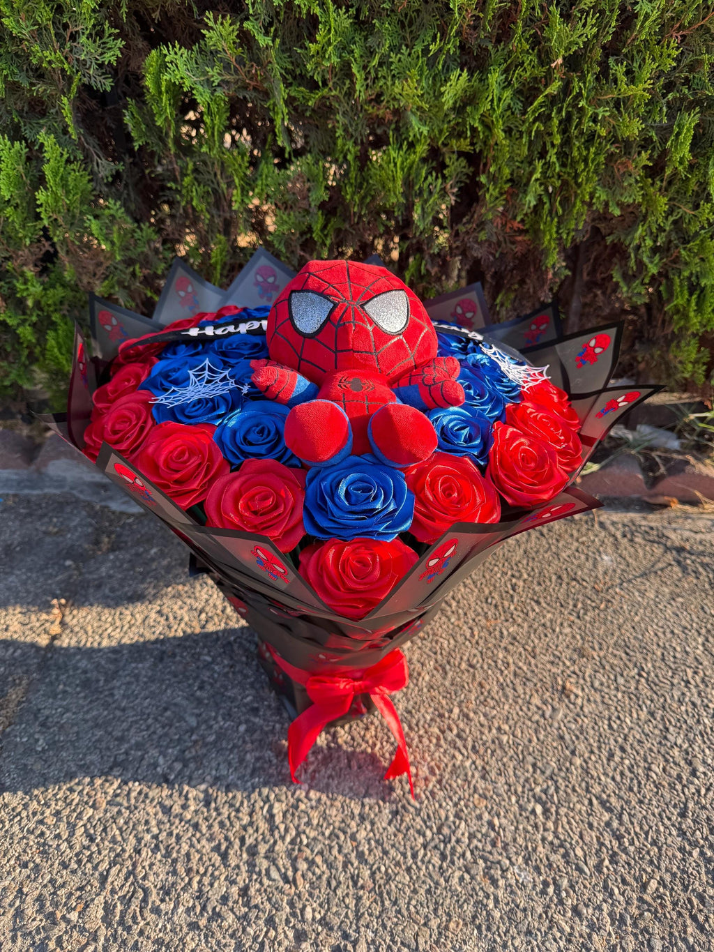 Handmade Satin Ribbon Rose Bouquet with Spider-Man Plushie